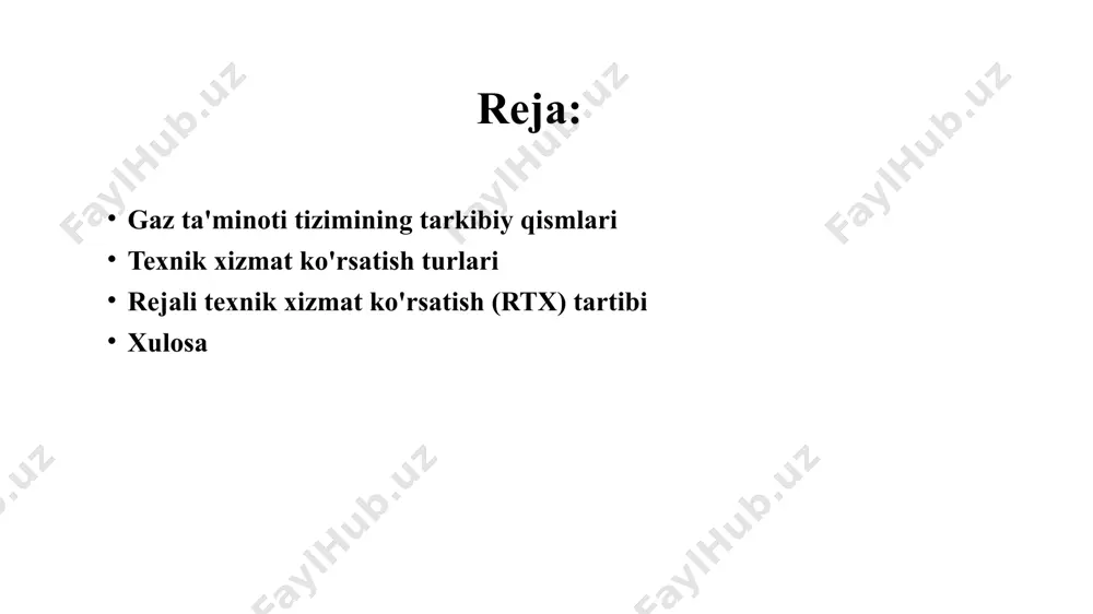 . profilaktik ta'mirlash-uskunalarning nosozliklarini oldini olish, ularning ishlash muddatini uzaytirish va samaradorligini oshirishga qaratilgan. favqulodda ta'mirlash-kutilmagan nosozliklar, avariyalar yoki shikastlanishlar yuzaga kelganda tezkor ravishda amalga oshiriladi. maqsad – xavfsizlikni tiklash va ta'minotni qisqa muddatda tiklash. mavsumiy xizmat ko'rsatish- asosan qish mavsumiga tayyorgarlik ko'rishni o'z ichiga oladi. bunda tizimning sovuq havo sharoitida ishlashga tayyorligi tekshiriladi va kerakli sozlashlar kiritiladi rejali texnik xizmat ko'rsatish (rtx) tartibi gaz quvurlarini vizual ko'rikdan o'tkazish-har oyda barcha gaz quvurlari tashqi shikastlanishlar, korroziya va boshqa vizual nosozliklar bor-yo'qligini tekshiriladi. gaz sizishini tekshirish- maxsus gaz sizishini aniqlovchi asboblar yordamida tizimning barcha ulanish joylari va quvurlar bo'ylab gaz sizishi bor-yo'qligi muntazam tekshiriladi gaz uskunalarining sozligini tekshirish- gaz analizatorlari yordamida gaz yonishining to'g'riligi, uskunaning samaradorligi va xavfsizligi tekshiriladi katod himoyasining samaradorligini o'lchash-quvurlarning yer osti korroziyasidan himoyasini ta'minlovchi katod himoya stansiyalarining potentsial darajasi o'lchanadi. bu ularning to'g'ri ishlashini kafolatlaydi. gaz uskunalarini hisobga olish priborlariga (gaz hisoblagichlar) xizmat ko'rsatish ko'rsatkichlarni yozib olish …