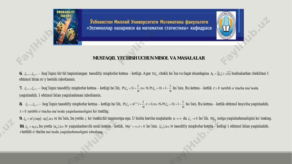 0.  nn a , bu yerda   nnan , yaqunlashuvchi sonli ketma – ketlik, 0,  rm r bo`lsin.   nnn , tasodifiy miqdorlar ketma – ketligi 1 ehtimol bilan yaqinlashib, r tartibli o`rtacha ma’noda yaqinlashmasligini isbotlang. mustaqil yechish uchun misol va masalalar 11. ,...,...,1 n bog`liqsiz ,bir hil taqsimlangan tasodifiy miqdorlar ketma – ketligi bo`lib 1,0 2 11   mm va    n j jn n s 1 1  bo`lsin. bu ketma – ketlik sust yaqinlashib o`rta kvadratik ma’noda yaqinlashmasligini isbotlang. 12.  0 parametrli puasson taqsimotiga ega bo`lsa    ketma – ketlikning  dagi sust limitini toping. 13. ,...,...,1 n ketma – ketlik katta sonlar qonuniga bo`sunadi. u holda ,..., 21  ketma – ketlik katta sonlar qonuniga bo`ysunishi shartmi? 14. ,...,...,1 n bog`liqsiz ,bir hil taqsimlangan, chekli dispersiyalarga ega bo1lgan tasodifiy miqdorlar ketma – ketligi bo`lsin. rxxp n …