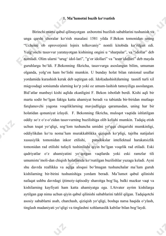 larning bir-birini tushunishiga yordam beradi. ma’lumot qabul qilinishi nafaqat ushbu davrdagi ijtimoiy-iqtisodiy sharoitga bog‘liq, balki mazkur vaqt va kishilarning kayfiyati ham katta ahamiyatga ega. i.atvater ayrim kishilarga aytilgan gap nima uchun qiyin qabul qilinishi sabablarini tahlil qilgan. tadqiqotchi asosiy sabablarni asab, charchash, qiziqish yo‘qligi, boshqa narsa haqida o‘ylash, tinglash madaniyati yo‘qligi va tinglashni xohlamaslik kabilar bilan bog‘laydi. materialni tinglab, tushunish qiyin va u katta kuch talab qiladi. gap shundaki, og‘zaki nutq va aqliy faoliyat tezliklari har xil bo‘ladi. aqliy faoliyat tezligi og‘zaki nutq tezligiga nisbatan ancha tezdir. buning natijasida “ichki pauzalar” hosil bo‘ladi. muhimi, ushbu bo‘sh-liqlarni boshqa turli xil xayollar bilan to‘ldirmasdan faqat tinglashga mo‘ljallash kuchli iroda talab qiladi. biror bir ma’lumotni qabul qilishda uning ishonchliligi muhim ahamiyat kasb etadi. ishonchlilik ishonchni shakllantirish qobiliyati, ya’ni shaxsning anglab olgan talablaridir. bu talablar shaxsni o‘zining ishonchi asosida harakat qilishga undaydi. ma’lumotning ishonchliligini oshiruvchi omil-lar ijtimoiy psixologiya sohasida faoliyat ko‘rsatayotgan bir qancha olimlar …