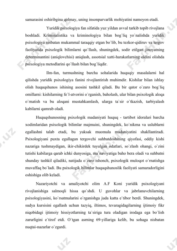 yurtimiz mustaqillikka erishganidan so`ng yuridik psixologiya fanini taraqqiy ettirish uchun keng ufqlar ochildi. bu fan o`z taraqqiyotining shartli ravishda yangi bosqichiga ko`tarildi. 3.yuridik psixologiyaning tarmoqlari. yuridik psixologiya psixologiyaning faoliyat mezoni bo`yicha ajratilgan sohalaridan biridir. bu fan xorijda juda keng rivojlangan. mustaqillikka erishganimizdan so`ng bizning mamlakatimizda ham psixologiyaga, jumladan yuridik psixologiyaga bo`lgan e`tibor kuchaydi. yuridik psixologiya asosan oliy o`quv yurtlarida, huquqshunoslik bo`limlari talabalari uchun o`tiladi. bu fanning tarkibiy qismlariga quyidagilar kiradi: sud ishi psixologiyasi; kriminal psixologiya; jinoyatchilar psixologiyasi; tergovchi psixologiyasi; sudya psixologiyasi; advokat psixologiyasi. sud - psixologik ekspertiza. bu tarkibiy qismlar bir-biri bilan uzviy bog`liq holda rivojlanadi. ularning asosiy obyekti – bu shaxs va uning xatti-harakatlari. sud ishi psixologiyasi sud jarayoniga bog`liq bo`lgan holatlarni o`rganib, jinoyatchilikni xolisona baholashga harakat qiladi. sudyalar jinoyat ishi bilan tanishib, tergovdagi holatni tahlil qiladi. hozirgi kunda sudlarning vakolati doirasi kengaydi. sudya hech qachon uning qo`lida inson taqdiri turganini esidan chiqarmasligi, ayblanuvchi shaxsini hurmat qilishi, ishga xolisona …