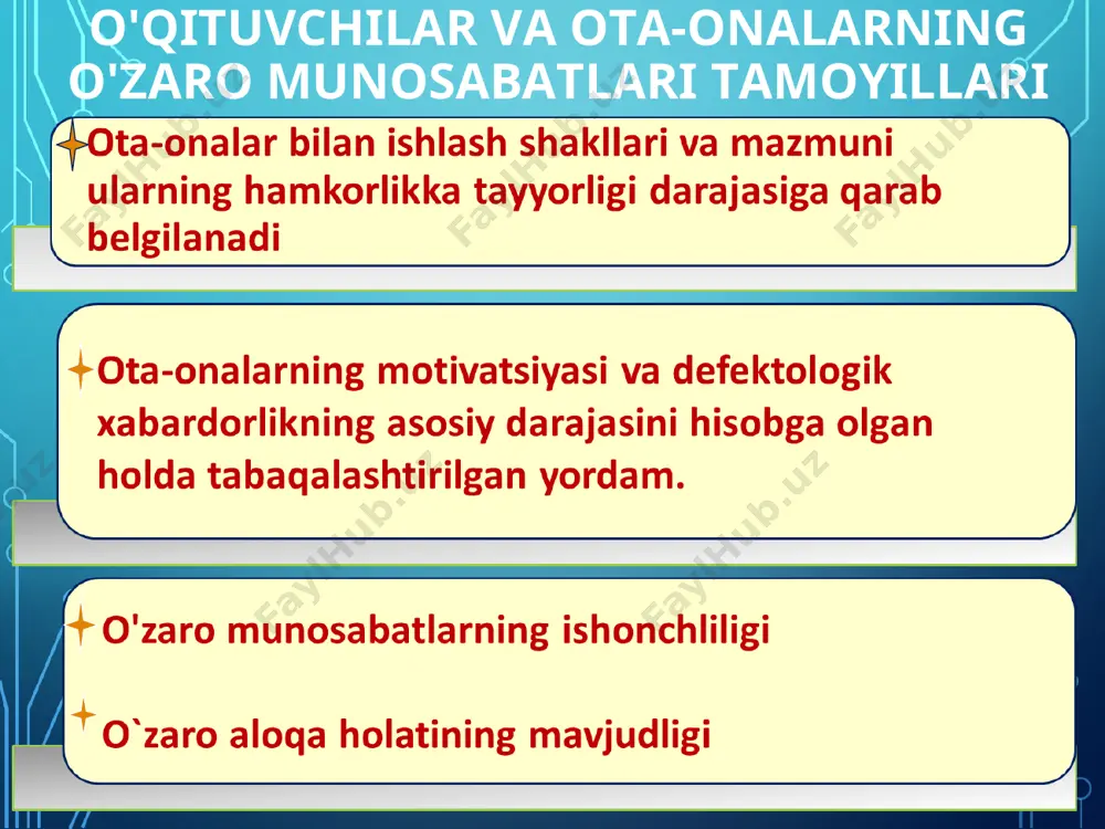 hda yordam berish; ota-onalarni maxsus psixologik va pedagogik adabiyotlar bilan tanishtirish; bolaning rivojlanishining xususiyatlari va istiqbollari haqida ma'lumot; ota-onalarning bolalarni tarbiyalash va o'qitishning mazmuni, shakllari va usullari bilan tanishishi; amaliy muassasalarda eshitish imkoniyati cheklangan bolani ijtimoiy moslashtirish va reabilitatsiya qilish bo'yicha ota-onalarga yordam berish; ota-onalarning obro'sini mustahkamlashga ko'maklashish, ularga bo'lgan muhabbat va hurmatni tarbiyalash; oilaviy tarbiyaning ijobiy tajribasini aniqlash va tarqatish. maktabda bu ish ijtimoiy o'qituvchi va sinf o'qituvchilarining faol ishtirokida tashkil etiladi. kar va zaif eshituvchi bolalarning ota-onalari bilan ishlash mazmuni bir qator yo'nalishlarni o'z ichiga oladi: salomatlikni mustahkamlash, bolalarning jismoniy rivojlanishini yaxshilash, eshitish qobiliyatining buzilishi bilan bog'liq nuqsonlarni bartaraf etish; eshitish nuqsonlari bo'lgan o'quvchilarni axloqiy tarbiyalash, ularni umuminsoniy qadriyatlar, odamlar o'rtasidagi muloqot normalari, inson harakatlarini baholash mezonlari bilan tanishtirish; eshitish qobiliyati buzilgan bolaning oilada bo'lish sharoitlarini o'rganish, oila ichidagi munosabatlarni psixologik-pedagogik tuzatish; ota-onalarni eshitish qobiliyati zaif bolalar uchun maktab-internat bilan hamkorlikda jalb qilish, birgalikdagi faoliyat sharoitida o'qituvchilar va …