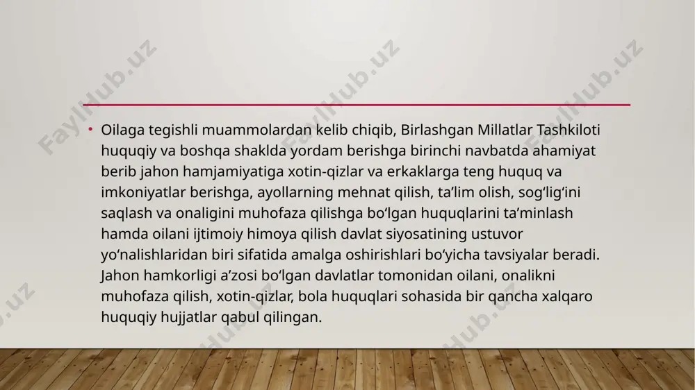on huquqlari tobora universallashgani sari huquqiy madaniyatning dolzarbligi ayniqsa yaqqol seziladi. oʻquv qoʻllanmaning maqsadi huquqiy madaniyatni shakllantirish hamda ayollarni mustaqil, toʻla huquqli shaxs sifatida eʼzozlashga qaratilgan. bu maqsad nazariy bilimlarni chuqurlashtirish, xotin-qizlar va bola huquqlari boʻyicha xalqaro va milliy andozalarni qoʻllash amaliyotini bilish hamda turli murakkab hayot sharoitlarida va holatlarida amalga oshirish koʻnikmalarini rivojlantirishdan iborat. oʻzbekiston respublikasida oilani muhofaza qilish milliy qadriyatlarimizda oila muqaddas dargoh sifatida ulugʻlangan. oila aʼzolari – bobo-buvilar, ota-onalarning masʼuliyatli munosabati tufayli farzandlarning yuksak axloqiy fazilatlari shakllangan. shu maʼnoda ota-onalarga farzandlarni axloqli va yuksak maʼnaviyatli etib tarbiyalash hamda taʼlim berishga oid masʼuliyat yuklatilgan. jamiyatimiz maʼnaviy va axloqiy jihatdan mukammal oilalarning koʻpayishidan manfaatdordir. oilalarni mustahkamlash, bolalar tarbiyasi, shuningdek, ijtimoiy turmush sharoitlarini yaxshilash davlat ahamiyatiga molik ishdir mamlakatimizda jamiyat asosi boʻlmish oila institutini yanada mustahkamlash va rivojlantirish, oilalarni, ayniqsa yosh oilalarni huquqiy va ijtimoiy-iqtisodiy manfaatlarini himoya qilish hamda qoʻllab-quvvatlashni kuchaytirish borasida olib borilayotgan barcha ishlarni sifat jihatidan yangi bosqichga …