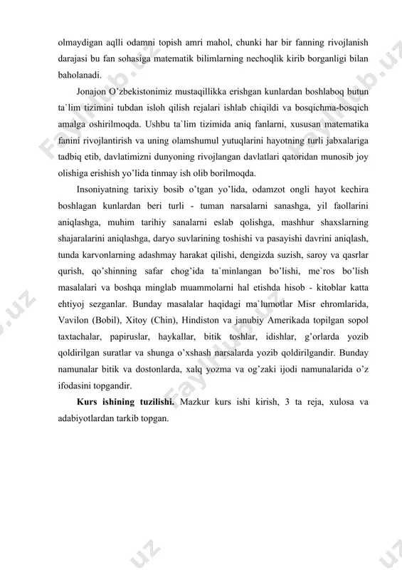 , u holda e element halqaning birlik elementi deyiladi. 4 0 . a  b  a  (b) bo’lgani uchun quyidagi tengliklarni yozish mumkin: a,b, c  k (a  b)  c  (a  c)  b . 5 0 .  (a)  a va a  a   . 3- ta’rif. qaralayotgan amal qo’shish bo’lganda n ta a ning yig’indisi a  a  a …… a  na kabi belgilanib, na ni a elementning butun musbat n koeffitsientli karralisi deb ataladi. 60 . h halqaning ixtiyoriy a va ixtiyoriy n natural son uchun n(a)  (na)  na tenglik o’rinli. haqiqatan, qo’shiluvchilarni guruhlab, quyidagiga ega bo’lamiz: na  n(a)  n(a  c  a)  n   , na  n(a)   . bundan n(a)  na bo’ladi. assotsiativlik qonunining o’rinliligi quyidagilarni talab etadi: qaralayotgan elementlar soni ikkitadan ortiq bo’lganda …