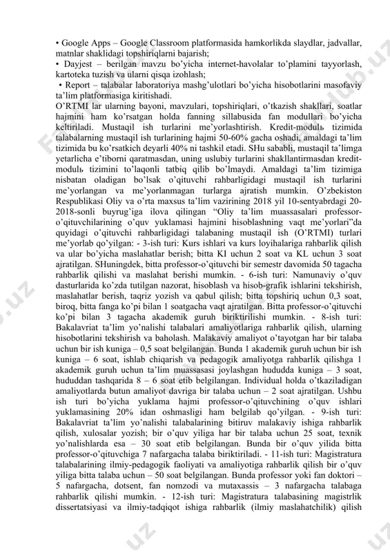 ar majmuasi (korxonalar iqtisodiyoti, menejment asoslari, ekologiya va atrof-muhit muhofazasi, fuqaro himoyasi va h.k.) muammolari bo’yicha belgilangan uslubiy qo’llanmalar asosida bajariladigan belgilangan uslubiy qo’llanmalar asosida yoziladigan yozma va hisob ishlari; • kurs loyihasi – fan yoki fanlar majmuasi (texnik mexanika, 6 texnologik jarayon va qurilmalar, mutaxassislikka oid loyiha ishlari bajariladigan fanlar) muammolari bo’yicha belgilangan uslubiy qo’llanmalar asosida bajariladigan grafik chizmalar ilova qilinadigan belgilangan uslubiy qo’llanmalar asosida yoziladigan hisob ishlari; • diplom loyihasi - mutaxassislik faniga oid berilgan mavzu bo’yicha ishlab chiqarish korxonasini yoki uning bo’linmasini loyihalashga qaratilgan, grafik chizmalar va hisob ishlari bilan bayon qilinadigan belgilangan uslubiy qo’llanmalar asosida yoziladigan loyihaviy ish; • amaliyot hisoboti – o’tkazilgan malakaviy amaliyot (tanishuv, ishlab chiqarish, bitiruv oldi amaliyotlari) bo’yicha belgilangan uslubiy qo’llanmalar asosida yoziladigan hisobot; • fan to’garaklarida ishtirok etish – talabaning fan to’garaklarida maket, slayd, namunalar kabi ko’rgazmali materiallarni tayyorlashi; • tanlovlarda ishtirok etish – talabaning o’qituvchining ilmiy rahbarligi ostida turli tanlovlarda …
