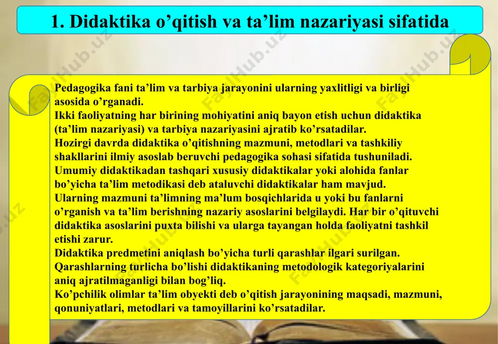 onining mohiyati, ta’limning mazmuni, o‘qitish qonuniyatlari, o‘qitish tamoyillari, metodlari, uning tashkiliy shakllari yoritiladi. didaktika va metodika mustahkam aloqa hamda o‘zaro bog‘liqliklikda joylashadi. didaktika o‘qitishning umumiy qonuniyatlarini o‘rganadi. aniq bir predmetni o‘qitishning o‘ziga xos xususiyatlari xususiy metodikalarda ishlab chiqiladi. xususiy didaktika – muayyan o‘quv fanlarini o‘qitish qonuniyatlari, usullari, vositalari, shakllari va yo‘llarini o‘rgatuvchi metodika (tadris) fanlari ham pedagogika fanlari turkumining asosiy sohalaridan biri bo‘lib hisoblanadi. umumiy didaktika yutuqlari asosida rivojlanadi va uning nazariy umumlashmalariga asoslangan holdagina takomillashib boradi. muayyan bir fanga tadbiq etilgan didaktik qonuniyatlar, o‘sha predmetning umumiy jihatlarini qonunlashtiradi va ularda o‘qitishning universal jihatlari namoyon bo‘ladi 2. o’qitish jarayonining mohiyati didaktika (ta’lim nazariyasi: yunoncha «didaktikos» «o’rgatuvchi», «didasko» esa — «o’rganuvchi» ma’nosini bildiradi) ta’limning nazariy jihatlari (ta’lim jarayonining mohiyati, tamoyillari, qonuniyatlari, o’qituvchi va o’quvchi faoliyati mazmuni, ta’lim maqsadi, shakl, metod, vositalari, natijasi, ta’lim jarayonini takomillashtirish yo’llari va hokazo muammolar)ni o’rganuvchi fan. insonning faoliyatida o’qitish har doim juda muhim ahamiyatga ega bo’lgan. …