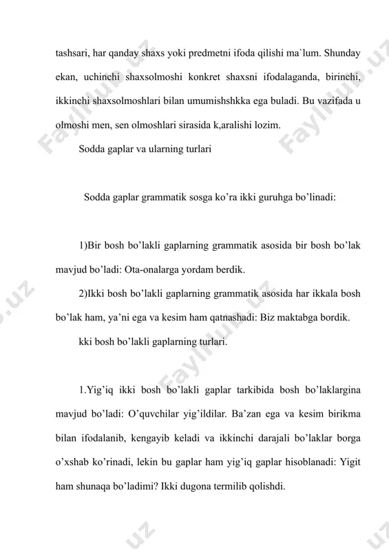 taalluqli bo’lgan gaplardir: sanamay sakkiz dema. bunday gaplarning kesimi odatda, ii shaxs birlikda buyruq maylidagi fe’l bilan ifodalansa ham, mazmunan barchaga qaratilgan bo’ladi, shuning uchun ega ifodalanmaydi. xalq maqollari shaxsi umulashgan gaplar orqali ifodalanadi: bugungi ishni ertaga qo’yma. 4.shaxsi topilmas (shaxssiz) gaplar egasini topib ham, gap tarkibiga kiritib, ham bo’lmaydigan gaplardir: u yerda intizom haqida so’zlashga to’g’ri keldi. shaxsi topilmas gaplarning kesimlari iii shaxs mavjud nisbatdagi fe’llar, bo’ladi, bo’lmaydi so’zlari orqali, -mas qo’shimchali so’z orqali, harakat nomidan keyin kerak, zarur, lozim, mumkin so’zlarini keltirish orqali ifodalanadi: raisning o’zi haqida gapirilsin! mehnatsiz rohatga erishib bo’lmaydi. oyni etak bilan yopib bo’lmaydi. ertalabki salqinda yetib borish kerak. 5.atov (nominativ) gaplar bosh kelishikdagi ot orqali ifodalangan grammatik asos yordamida ifodalangan narsa-buyumning borligini, mavjudligini anglatadi va ko’pincha badiiy va publitsistik asarlarda payt va o’rinni ifodalash uchun ishlatiladi: kuz. izg’irin shabada esyapti. atov gaplar matnda yolg’iz qo’llanmaydi, ulardan keyin uning mazmunini ochuvchi boshqa bir gap kelishi …