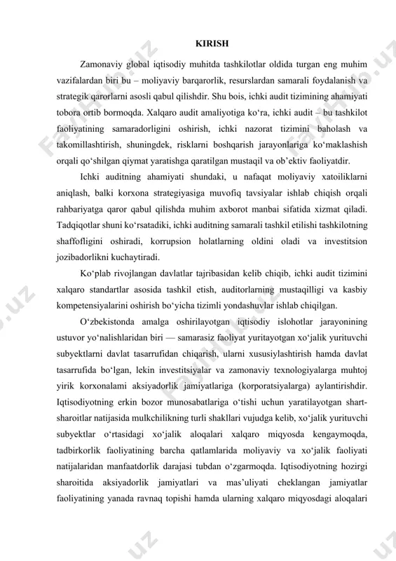 vestitsiyalar va zamonaviy texnologiyalarga muhtoj yirik korxonalami aksiyadorlik jamiyatlariga (korporatsiyalarga) aylantirishdir. iqtisodiyotning erkin bozor munosabatlariga o‘tishi uchun yaratilayotgan shart-sharoitlar natijasida mulkchilikning turli shakllari vujudga kelib, xo‘jalik yurituvchi subyektlar o‘rtasidagi xo‘jalik aloqalari xalqaro miqyosda kengaymoqda, tadbirkorlik faoliyatining barcha qatlamlarida moliyaviy va xo‘jalik faoliyati natijalaridan manfaatdorlik darajasi tubdan o‘zgarmoqda. iqtisodiyotning hozirgi sharoitida aksiyadorlik jamiyatlari va mas’uliyati cheklangan jamiyatlar faoliyatining yanada ravnaq topishi hamda ularning xalqaro miqyosdagi aloqalari ko‘lamining kengayishi va rivojlanib borishi nafaqat son, balki sifat jihatidan yuqori saviyadagi audit xizmatlariga bo‘lgan talabni oshirmoqda. ichki auditning asosiy maqsadi - mamlakatimizda faoliyat yuritayotgan korxonalarda buxgalteriya hisobining to‘g‘ri yuritilishini ta’minlash, soliqlar va boshqa majburiy toiovlar bo‘yicha hisob-kitoblar to‘g‘ri yuritilishini tekshirish, mulkdorlar manfaatini himoya qilish va boshqaruv organlari tomonidan ularning manfaatlariga zid harakatlar qilinishining oldini olish, bunday holatlar aniqlangan taqdirda bu haqda mulkdorlarni xabardor etishdan iborat. ichki audit xizmati korxona xodimlarining o‘z vazifalarini yanada samaraliroq bajarishlariga va shu bilan birga korxonaning ichki imkoniyatlarini aniqlash hamda …