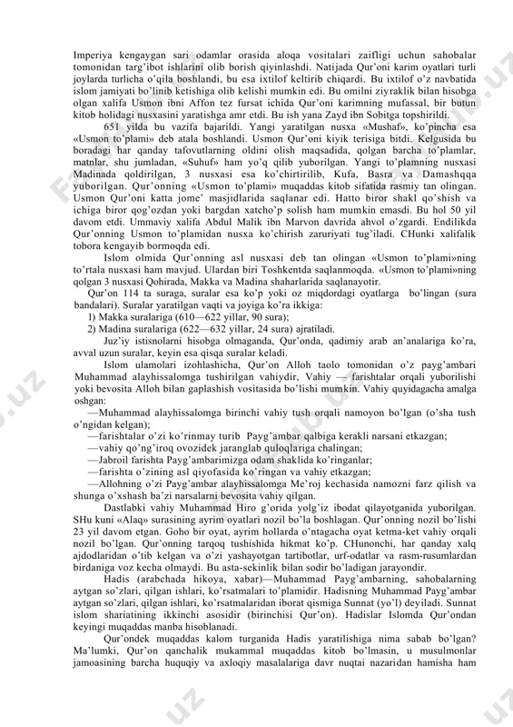 ar, siyosiy xohishlarini bildirishda barcha fuqarolarning teng ishtiroki tamoyiliga rioya qiladi. o‘zbekistonning tashqi olam bilan har tomonlama – siyosiy, iqtisodiy, ilmiy aloqalari yanada mustahkamlanib borayotgan hozirgi kunda turli konfessiya vakillari bilan muloqot qilishning yuksak madaniyatiga erishish katta ahamiyat kasb etadi. o‘zbek xalqining ilg‘or madaniy va ma’naviy merosini tiklash va yangi sharoitda yanada rivojlantirish, bu hududdagi ilk zamondan hozirgacha mavjud bo‘lib kelgan dinlarning tarixi, hayotiy tadrijiy taraqqiyotini o‘rganish, talabalarda vatan tarixini chuqurroq tushunib etish, uni sevish va u bilan faxrlanish his-tuyg‘ularini shakllantirishga xizmat qiladi. “dinshunoslik” fani talabalarda din, uning turli shakllari, ta’limotlari, yo‘nalishlari, mazhablari haqida to‘g‘ri ilmiy xulosalar chiqara oladigan dunyoviylik va diniylik munosabatlarini asosli tahlil qila oladigan to‘g‘ri dunyoqarashni shakllantiradi. bunda o‘zbekiston respublikasi konstitutsiyasi, “vijdon erkinligi va diniy tashkilotlar to‘g‘risida”gi qonun, jinoyat, fuqarolik, oila kodekslaridagi din va vijdon erkinligi haqidagi ko‘rsatmalar, qoidalar dasturulamal bo‘lib xizmat qiladi. din va qonun o‘zaro munosabatlarini to‘g‘ri anglash, respublikada demokratik huquqiy jamiyat qurish poydevorini mustahkamlashga …