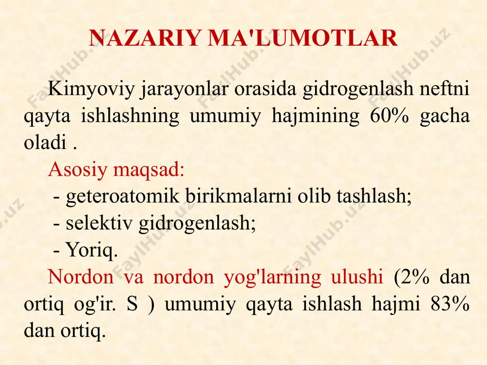erkaptanlar, sulfidlar va boshqalar) eng oson gidrogenlanadi , tiofenlar esa eng qiyin gidrogenlanadi. xuddi shu gidrotozalash sharoitida alifatik oltingugurt birikmalarining gidrogenlanish darajasi 95% ga, tiofenlarning gidrogenlanish darajasi 40 dan 50% gacha. oltingugurtsizlanish darajasida birikmaning molekulyar og'irligi ustunlik qiladi oltingugurt birikmalarining molekulyar og'irligi va aromatiklik darajasi qanchalik yuqori bo'lsa, ularni gidrogenlash shunchalik qiyin bo'ladi. neft fraksiyalarining molekulyar og'irligi oshishi bilan gidrodesulfurizatsiya tezligi pasayadi. gidrotozalash jarayonining kimyosi 1) gidrogenoliz kinetikasiga geteroorganik birikmalarning turi va tuzilishi ta'sir qiladi . 2) gidrogenoliz tezligi ketma-ket ortadi: → tiofanlar → sulfidlar → disulfidlar → merkaptanlar 3)organik oltingugurt birikmasi molekulasida aromatik va naftenik halqalar sonining ko'payishi bilan uning reaktivligi pasayadi. 4) reaktivlik qatorga tushadi (bir xil tuzilishga ega): organosulfur → organik kislorod → organonitrogen asosiy jarayon omillari hamma narsa gidroizolyatsiya qilingan distillangan fraktsiyalar: 1 xom ashyoning og'irligi bilan undagi barqaror yoki barqaror oltingugurt o'z ichiga olgan birikmalar miqdori ortadi , shuning uchun bunday xom ashyoni qayta ishlash …