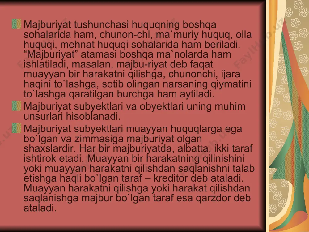 n noqulay bo`lgan ba`zi vazifalarni, qo`shimcha majburiyatlarni bajarishga majbur qilinadi. masalan, sifatli narsa o`rniga sifatsiz ashyo topshirgan sotuvchi bu ashyoning nuqsonlarini tuzatish uchun yoki kam-chiliklarni yo`qotish uchun haridor tomonidan qilingan xarajatlarni to`lashga majbur qilinishi mumkin. 6. mulkiy javobgarlik choralari sifatida ko`riladigan sanksiyalar. bu to`g`rida quyiroqda bayon etiladi. majburiyatlarning vujudga kelish asoslari fuqarolik huquqlari va burchlarini keltirib chiqaradigan holatlar maj-buriyatga oid huquqiy munosabatlarni ham vujudga keltiradigan asoslar bo`lib, ular fkning 8-moddasida ko`rsatilgan. fkning 234-moddasida normalanganidek, majburiyatlar shartnomadan, ziyon yetkazish natijasida hamda fuqarolik qonunlarida nazarda tutilgan boshqa asoslardan kelib chiqad ma`lumki, fkning deyarli barcha me`yorlari shartnomalardan kelib chiqadigan majburiyatlarni tartibga solishga qaratilgan. bu huquqiy nor-malar vositasida tartibga solinadigan majburiyatlar jumlasiga mulkni bosh-qa shaxsning egaligiga topshirish (oldi-sotdi, ayirboshlash, hadya shartno-malari)dan, mulkni operativ boshqarish huquqini o`tkazish (mahsulot yetkazib berish shartnomasi)dan, foydalanish huquqini o`tkazish (mulk ijarasi va uy-joy ijarasi, tekin foydalanish to`g`risidagi shartnomalar)dan, biror ishni bajarish yoki xizmat ko`rsatish (pudrat, yuk tashish, topshiriq, vositachilik, sug`urta, …