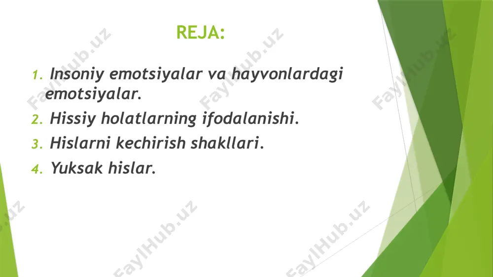 almashinuvida bo`ladigan o`zgarishlarni o`z tarkibiga oladi. his - tuyg`ularning tashqi ifodasiga yuz ifodasi, imo - ishora, vajohat va qaddi - qomatning o`zgarishi, ayrim tashqi chiqaruv bezlarining faoliyati (yosh, so`lak, ter ajralishi) va ayrim harakatlar xususiyatlaridagi o`zgarishlarni kiritish mumkin. xissiyotning mimikada namoyon bo`lishi kishining emotsional kechinmalar vaqtida nutqning tezligi o`zgaradi. ko`pincha nutqning sintaksis tuzilishi buziladi, tezligi va ohangi o`zgaradi.o`tkazilgantekshirishlar shuni ko`rsatadiki, g`amginlik va mayuslik hislarini ifodalovchi nutq vaqtida shu nutqning so`zlovchi kishining ovozi beixtiyor pasayib ketadi. hislarni kechirish shakllari hissiy kechinmalar turli hollarda turlicha tezlik bilan paydo bo`ladi. ba`zan hissiyotlar juda to`satdan, darhol paydo bo`ladi. masalan, kishi birdan xursand bo`lib ketadi, darhol g`azabga keladi, achchiqlanadi va hokazo. lekin ba`zan shu hissiyotlarning o`zi daf`atan qo`zg`almaydi, balki asta-sekin tug`ila boshlaydi. shunday hissiy kechinmalar borki, ularning qay darajada tez paydo bo`lmasligini belgilash qiyin yoki butunlay belgilab bo`lmaydi. emotsional kechinmalarning kuchi turlicha bo`lishi mumkin. hissiyotning kuchi avvalo yoqimli va yoqimsiz tuyg`ularning naqadar kuchli bo`lishidadir. hissiyotning …