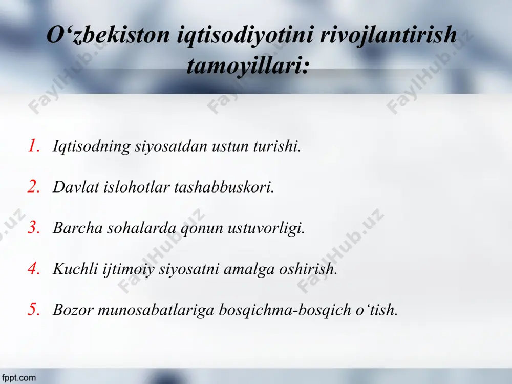 a. o‘zbekiston milliy iqtisodiyotining intensiv yo‘ldan rivojlanishi mehnat unumdorligi, mahsulot sifati va ishlab chiqarish samaradorligining jahon darajasiga yetishini ta’minlaydi.