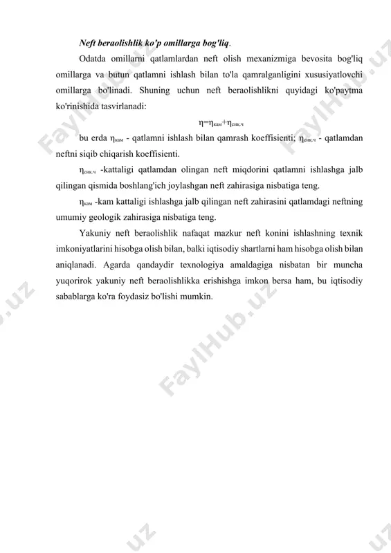 asini asoslash 5) ishlash variantlarii texnik-iqtisodiy tahlili va ma'qul variantni tanlash; 6) neft olishni jadallashtirish va neft beraolishlikni oshrish maqsadida qatlamlariga ta'sir qilish usullarini asoslash; 7) ishlash loyihasini amalga oshirishda ishlash jarayonini nazorat qnlish va muvoffiqlashtirish usullarini asoslash; 8) neft, gaz va suvii yig'ish va tayyorlash uchun hudud va konni jihozlash tarxini tanlash va asoslash; 9) er bag'rini va atrof-muhitni saqlash bo'yicha choralar; 10) konni ishlash tizimlarini tavsiya qilinadigant variantini qisqacha ta'rifi; 11) xulosalar. konlarni ishlashni loyihalashtirishda quyidagilarni inobatga olish kerak: konning geologik tuzilishi va uning xususiyatlarini o'rganish, hamda loyihalashtirish uchun boshlang'ich ma'lumotlarni tayyorlash; gidrodinamik hisob-kitoblar asosida qatlamga ta'sir qilish tizimi, oluvchi quduqlarni joylashtirish tarxi va shu bilan farq qiluvchi turli variantlar uchun konni ishlashninng geologik-texnik ko'rsatgichlarini hisoblash; ishlash texnologiyasini turli variantlarini iqtisodiy ko'rsatgichlarini xisoblash; ko'rilgan variantlarni kompleks kon-geologik, texnologik va texnik-iqtisodin tahlili asosida konni ishlashni ma'qul tizimini tanlash. sinov va sinov-sanoat ishlatish loyihasini shunday tuzish kerakki, unda ishlashning loyihaviy …