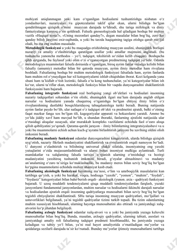 to‘plangan bilimlarning «yuqori bosqichiga» etilgach, boshqa har qanday murakkab tizimda bo‘lganidek, dunyoqarashda ham o‘zini o‘zi tashkil etish qonunlari amal qila boshlagan. ibtidoiy odamlarning ancha rivojlangan dunyoqarashida o‘zini o‘zi tashkil etish qonunlariga muvofiq ayni shunday tartiblilik dastavval mif hamda dinning ilk shakllari ko‘rinishida vujudga keldi. mifologik dunyoqarash. «mif» tushunchasi yunoncha mythos so‘zidan kelib chiqqan bo‘lib, afsona, rivoyat degan ma’noni anglatadi. mif –turli xalqlarning dunyoning kelib chiqishi, tabiat hodisalari, fantastik mavjudotlar, xudolar va qahramonlarning ishlari haqidagi tasavvurini ifodalovchi muayyan tarzda tizimga solingan dunyoqarashdir. mifda bilimlar, diniy e’tiqodlar, ma’naviy madaniyatning turli elementlari, san’at, ijtimoiy hayot kurtaklari birlashgan bo‘lib, shu tariqa ibtidoiy odamlar dunyoqarashi ma’lum darajada tartibga kelgan, ularning dunyo haqidagi qarashlari esa muayyan tizimga solingan. mazkur tizimga solishning muhim shakllari epos, ertaklar, afsonalar, rivoyatlar bo‘lib, miflar avvalo ular orqali ifodalanadi. shu tariqa to‘plangan bilimlar va tajriba keyingi avlodlarga o‘tishi ham ta’minlanadi. mifologik dunyoqarashning o‘ziga xos xususiyati shundan iboratki, bu oddiy rivoyat, biron-bir voqea …