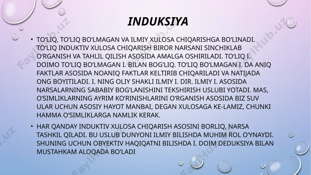 yangi hukm chiqariladi. xulosa chiqarish chin asoslarga tayansa va toʻgʻri mavhvnbntikiy kridalardan foydalansa, u vaqtda chiqarilgan xulosa ham chin boʻladi. bu prinsipga amal qilmaslik xulosa chiqarishda xatoga olib keladi. mas, "hamma mustaqil davlatlar bmt ga aʼzo" va "oʻzbekiston mustaqil davlat" degan chin asoslardan mantikiy qoidalarga rioya qilingan holda "oʻzbekiston bmt ga aʼzo" degan toʻgʻri xul osa kelib chiqadi. voqelikni bilish jarayonida yangi bilimlarni hosil qilishning — xulosa chiqarishning turli usullari mavjud. asoslarining soniga koʻra, bevosita va bavosita xulosa chiqarish, xulosaning chinlik darajasiga koʻra, zaruriy va ehtimoliy xulosa chiqarish, fikrning harakat yoʻnalishiga koʻra, deduktiv, induktiv va analogiya kabi turlarga boʻlinadi. xulosa chiqarishni fikrning harakat yoʻnalishiga koʻra turlarga ajratish nisbatan mukammalroq boʻlib, u xulosa chiqarishni boshqa turlari haqida ham maʼlumot berish imkonini yaratadi. induksiyaning afzalliklari va kamchiliklari induksiya afzalliklari: reallikka yaqin va amaliyot bilan bog‘liq. yangi qonun va nazariyalarni yaratishga imkon beradi. kamchiliklari: umumiy xulosaning to‘g‘riligini isbotlash qiyin. ayrim hollarda noto‘g‘ri xulosalarga …
