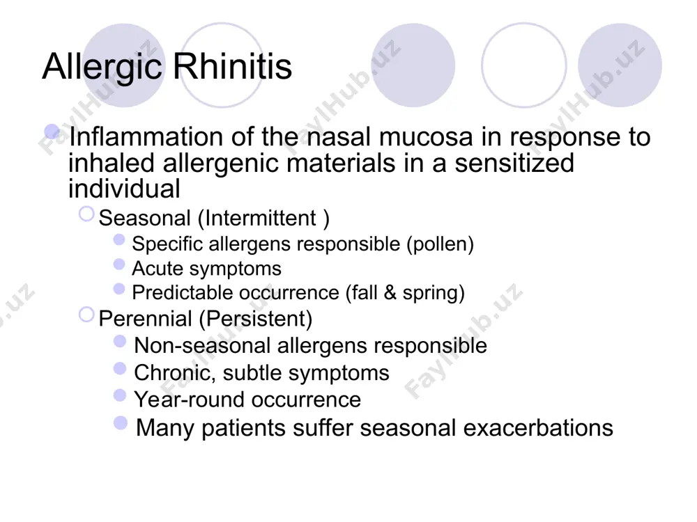 duration of 12-24 hours linked to chronic disease typified by nasal congestion * the allergic response presentation sneezing rhinorrhea congestion scratchy throat nasal itching conjunctivitis * presentation allergic salute allergic shiners adenoidal breathing periorbital edema * fever or cold? allergic rhinitis nasal discharge thin, watery, clear fever none itching in ears, nose, throat sneezing often violent, prolonged spells duration weeks to months common cold or uri nasal discharge thick, yellow to green fever low grade itching rare sneezing occasional duration 7-10 days diagnosis skin tests scratch test (epicutaneous) make superficial wound on outermost layer of the skin a drop of antigen is then placed in the wound intradermal diluted allergen injected between layers of the skin * diagnosis (con’t) positive result both tests wheal and flare reaction within 15 to 30 minutes patient history physical exam laboratory tests * general management principles avoid factors that cause symptoms use appropriate treatments …