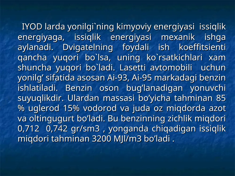 zator suyuqliklaridan foydalaniladi. rezina juda kuchli defarmtsiyalanish hususiyati ega bo’lgan, nagruskadan so’ng o’z holiga deyarli qaytadigan tarkibga ega va avtomobilsozlikda keng ishlatiladigan moddadir. xar qanday rezinali materialning asosi kauchuk bo`lib xisoblanar edi rezina ishlab chiqaqrilishi ko`payishi bilan kauchuk yetishmay qoldi. xozir rezinalarning anchagina qismi neftni qayta ishlash maxsulotlari xisoblangan turli sintetik kauchuklar asosida tayyorlanadi. sintetik kauchuklar xalqaro bozorda nomlanishi skb bo`lib, xozirda sintetik kauchuklarning 200 dan ortiq turi mavjud. rezinalar avto-mobilning shinalar, shum izalyatsiyasida, karroziyaga qarshi avtomobilning tag qismiga yupqa qatlam qilib qoplanadi. lasetti avtomobilida o’lchami 165/70-r14 l-p-q-s-180 belgili shinalardan foydalaniladi. shinaning vazifasi yo’l notekisliklarida qabul qilingan turtkilarni yumshatib va qisman so’ndirib g`ildirakka tushadigan dinamik yuklanishlarni kamaytirib beradi. plasmassalar detal tayor-lashda yuqori elastic holatda yoki suyuq oquvchan holatda bo’ladi. ishlatish jarayoni esa qattiq kristal holatga egadir. polikondatsiya usuli- polimerlarni sinteziga asoslangan polifunksional birikishidir. polimerizatsiya usuli- yuqori molekulyar birikmalar asosan kichik molekulalarni o`sib borayotgan aktiv markazga birin- ketin birikishidan xosil bo`ladi. …