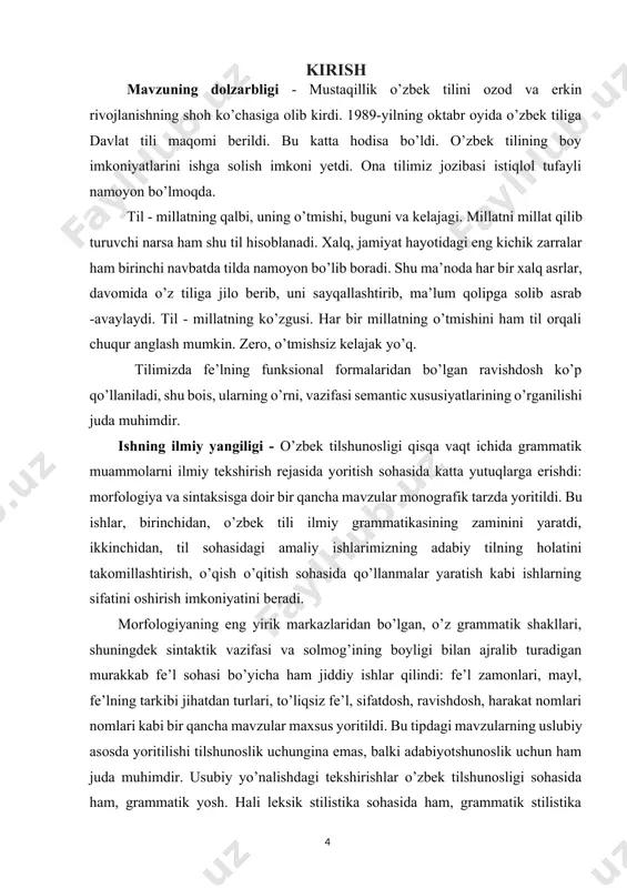 vofiq ravishda o’quvchida ilmiy dunyoqarash xususiyatlarini shakllantirish, uning fikrlash darajasini kamol toptirish, muayoyan voqeahodisa hamda abstrakt tushunchalarni analiz-sintez qila olish malakalarini shakllanishiga ma’lum darajada hissa qo’shib boradi. jumladan, ona tili ta’limi ham bolalarning tafakkur qilish faoliyatlarini kengaytirishga, ularda erkin fikrlab olish, o’zgalar fikrini anglash, o’z fikrlarini og’zaki va yozma ravishda ravon bayonqi qila olishga, jamiyat a’zolari bilan erkin muloqotda bo’la olish ko’nikma va malakalarini rivojlantirishga xizmat qiladi. bu o’rinda ona tili ta‘limiga o’quv fani emas, butun ta‘lim tizimini uyushtiruvchi ta‘lim jarayoni sifatida qaraladi. ona tilining har-bir mutaxassis va rahbar xodim uchun ahamiyati haqida prezident islom karimov o’zbekiston respublikasi oliy majlisi ix-sessiyasida so’zlagan nutqida shunday deydi: ―o’z tilida ravon, go’zal va lo’nda ifoda eta olmaydigan mutaxassisni avvalambor rahbar kursisida o’tirganini tushunish ham, oqlash ham qiyin. boshlang’ich sinflarda ona tili dasturi tizimida so’z turkumlarini o’rganish jarayonini alohida diqqatga sazovor. so’z turkumlari ustida ishlash metodikasining lingvistik asosi so’zlarning leksik- grammatik, morfologik va sintaktik …