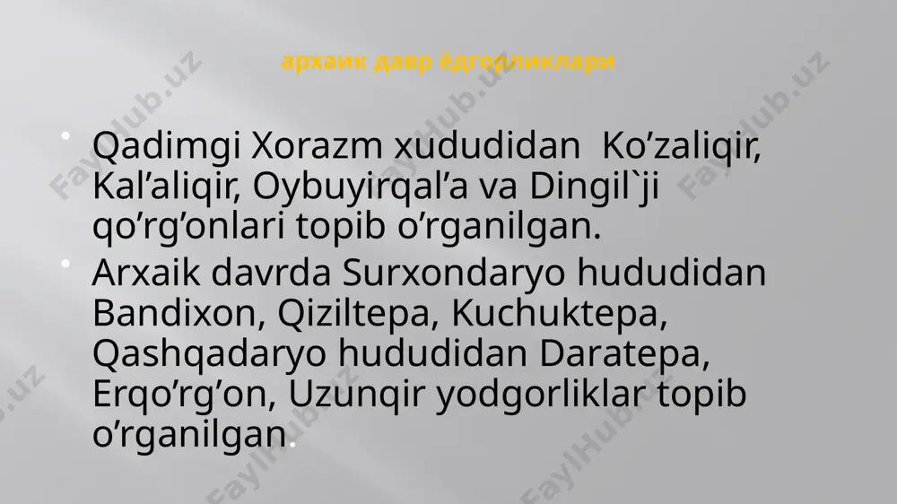 minoralari (burjlari) saqlanib bizgacha yetib kelgan. bu andijon viloyatidagi mingtepa yodgorligi hisoblandi. andijon shahridan 30 km uzoqlikda joylashgan. uni a.anarboev ham “vodiynoma” jurnalidagi (2016 yil, 1-soni) maqolasida mingtepa – bu ershi degan fikrni to‘g‘riligini asoslagan. mingtepa uch qismdan iborat: tashqi shahar, ichki shahar va ark. mil. avv iv-iii asrlarda bunyod etilgan. v-vi asrlardaga mavjud bo‘lgan. 40 gektardan ortiq. shahar qabristoni ham topilgan. yodgorligi ichki (41,2 gektar) va tashqi (300 gektardan ortiq) qal’alar bilan o’ralgan shahar; tarxi parallellogramma 3 ta qurilish bosqichi aniqlangan. birinchi davrda (mil. avv. iv-iii asrlar) asosiy devor qurilgan, u madaniy qatlamlar ustiga yaxshi pishirilgan paxsadan tiklangan bo‘lib, blok-blok qilib qo‘yilgan. mazkur qatlamdan sho‘rabashot davriga oid (mil. avv. iv-i asrlar) guldor sopol parchalari topildi. ikkinchi qurilish davrida (mil. avv. ii-i asrlar) qadimgi devorga yana mustahkamash uchun qo‘shdevor va kuzatuv minoralari qo‘shilgan. bu farg‘onaga sharqdan katta xavf mavjudligidan darak beradi. bu xavf xitoy tomondan bo‘lishi mumkin. chunki xan dinastiyasi …
