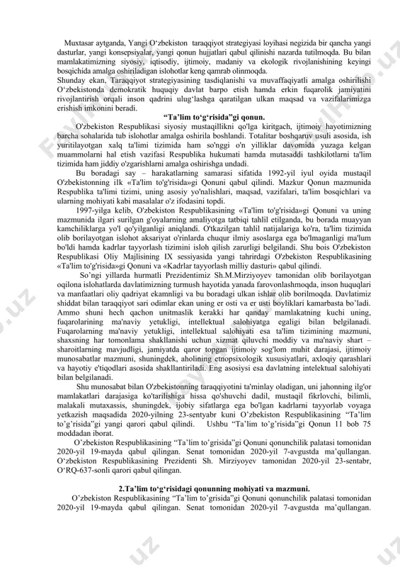 monidan taraqqiyot huquqi to‘g‘risidagi konvensiya loyihasi ishlab chiqilyapti. qolaversa, 35 yildan buyon taraqqiyot huquqi to‘g‘risidagi deklaratsiya amal qilmoqda. shu ma’noda, o‘zbekiston prezidenti taqdim etayotgan taraqqiyot strategiyasi xalqaro hamjamiyatning rivojlanish tendensiyalariga, butun dunyoning taraqqiyot trendlariga to‘la mos keladi. shuni ham aytish joizki, o‘zbekiston respublikasi oliy majlisi palatalarining qo‘shma qarori bilan barqaror taraqqiyot maqsadlarini amalga oshirish bo‘yicha konstitutsiyaviy parlament komissiyasi tuzilgan. parlament komissiyasi barqaror taraqqiyot maqsadlari ijro etilishini parlament nazorati yo‘li bilan ta’minlamoqda. binobarin, taraqqiyot strategiyasini amalda tatbiq etishda ham parlamentning roliga alohida e’tibor qaratilayotgani juda muhim. jamoatchilik muhokamalari yakunlari bo‘yicha kelib tushgan taklif va tavsiyalar asosida maromiga yetkazilganidan so‘ng davlatimiz rahbari tomonidan imzolanishi kutilayotgan “yangi o‘zbekistonning 2022-2026 yillarga mo‘ljallangan taraqqiyot strategiyasi to‘g‘risida”gi farmon asosida: - birinchidan, yangi o‘zbekistonning 2022-2026 yillarga mo‘ljallangan taraqqiyot strategiyasi; - ikkinchidan, yangi o‘zbekistonning 2022–2026 yillarga mo‘ljallangan taraqqiyot strategiyasini 2022 yilda amalga oshirish bo‘yicha “yo‘l xaritasi”; - uchinchidan, yangi o‘zbekistonning 2022–2026 yillarga mo‘ljallangan taraqqiyot strategiyasini amalga oshirish bo‘yicha …