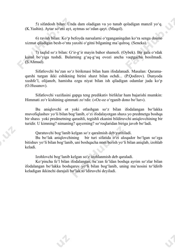 qilib bermoqda... edi. (p.q.). 5) sifatdosh bilan: unda dam oladigan va yo tunab qoladigan manzil yo‘q. (k.yashin). aytar so‘zni ayt, aytmas so‘zdan qayt. (maqol). 6) ravish bilan: ko‘p befoyda narsalarni o‘rganganingdan ko‘ra senga doimo xizmat qiladigan besh-o‘nta yaxshi o‘gitni bilganing ma’qulroq. (seneka). 7) taqlid so‘z bilan: g‘ir-g‘ir mayin bahor shamoli. (oybek). bir gala o‘rdak kanal bo‘yiga tushdi. bularning g‘aq-g‘uq ovozi ancha vaqtgacha bosilmadi. (s.ahmad). sifatlovchi ba’zan so‘z birikmasi bilan ham ifodalanadi. masalan: qarama-qarshi turgan ikki eshikning birini shaxt bilan ochdi... (p.qodirov). dunyoda xushfe’l, olijanob, hamisha ezgu niyat bilan ish qiladigan odamlar juda ko‘p (o.husanov). sifatlovchi vazifasini gapga teng predikativ birliklar ham bajarishi mumkin: himmati zo‘r kishining qimmati zo‘rdir. («oz-oz o‘rganib dono bo‘lur»). bu aniqlovchi ot yoki otlashgan so‘z bilan ifodalangan bo‘lakka muvofiqlashuv yo‘li bilan bog‘lanib, o‘zi ifodalayotgan shaxs yo predmetga boshqa bir shaxs yoki predmetning qarashli, tegishli ekanini bildiruvchi aniqlovchining bir turidir. u kimning? nimaning? qayerning? so‘roqlaridan biriga javob bo‘ladi. …