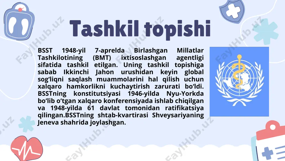 b chiqdi . bsstdan oldin xalqaro sog‘liqni saqlash masalalari bilan bir qator tashkilotlar shug‘ullangan, masalan, 1907-yilda tashkil etilgan xalqaro sog‘liqni saqlash byurosi va millatlar ligasining sog‘liqni saqlash tashkiloti. tarixiy kelib chiqishi oldingioldingi tashkilotlartashkilotlar bsstning asosiy maqsadi – “barcha xalqlar uchun eng yuqori darajadagi sog‘liqni ta’minlash”.tashkilot global sog‘liqni saqlash masalalarini muvofiqlashtiradi, sog‘liqni saqlash bo‘yicha xalqaro standartlar ishlab chiqadi va davlatlarga sog‘liqni saqlash tizimlarini mustahkamlashda yordam beradi. missiya vamissiya va maqsadlarimaqsadlari 1 2 3 4 tashkiliy tuzilma va boshqaruv butunjahon sog‘liqni saqlash assambleyasi (wha) ijroiya kengash bosh direktor va boshqaruv mintaqaviy tuzilmalar bsstning tuzilishi uning global miqyosda samarali ishlashi uchun mo‘ljallangan. tashkilotning boshqaruv organlari va mintaqaviy tarmoqlari quyidagicha: butunjahon sog‘liqni saqlash assambleyasi: bsstning eng yuqori qaror qabul qiluvchi organi. har yili jenevada yig‘iladi, unda 194 a’zo davlat vakillari ishtirok etadi. assambleya tashkilotning byudjetini tasdiqlaydi, asosiy siyosatlarni belgilaydi va bosh direktor saylovini o‘tkazadi. ijroiya kengash: assambleya qarorlarini amalga oshirish va maslahat berish vazifasini …