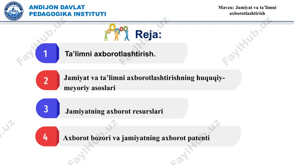 fatini oshirish. mavzu: jamiyat va ta’limni axborotlashtirish andijon davlat pedagogika instituti ta'limni axborotlashtirishning rivojlanishi quyidagi zarur shartlarga ega : umuman olganda jamiyatni tezkor axborotlashtirish jarayoni. shunday qilib, bugungi kunda ko'proq odamlar shaxsiy kompyuterlariga ega bo'lib, ular butun dunyo bo'ylab tarmoqqa ulangan, shu jumladan maktab o'quvchilari va talabalari. informatikaning texnik imkoniyatlarining o'sishi va ularning narxining pasayishi, bu ularni yanada qulayroq qiladi. deyarli har bir maktabda o'z kompyuter laboratoriyasi mavjud bo'lib, aksariyat zamonaviy maktablar va universitetlar har bir sinfda kompyuterlar, multimedia proektorlari va doskalarni o'rnatadilar. jamiyat uchun yangi axborot muhiti, infosferani shakllantirish yo'nalishi. tabiiyki, bunday istiqbollar bilan maktab o'quvchilari va talabalarni aktdan to'g'ri va foydali foydalanishga o'rgatish muhimdir. mavzu: jamiyat va ta’limni axborotlashtirish andijon davlat pedagogika instituti ta'lim sohasini axborotlashtirish pedagogik va informatika fanlari yutuqlariga asoslanadi, masalan : informatika; - kibernetika; - tizimlar nazariyasi; - didaktika. ularning yordami bilan ta'limga nafaqat yangi kompyuter texnologiyalari joriy qilinmoqda, ularning yordamida talabalar bilimlarni yanada samarali …