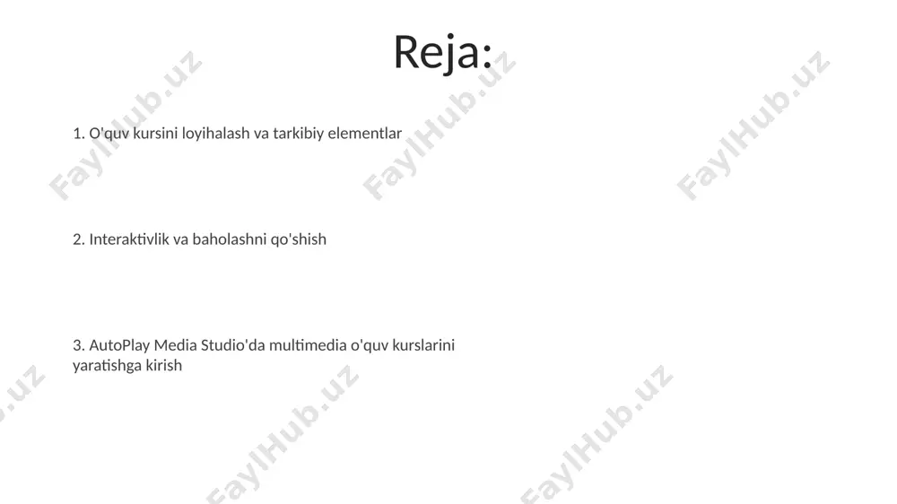 ay media studio’ning 10 dan ortiq turli shablonlaridan foydalanishingiz mumkin, bu esa sizga vaqtni tejash va professional ko'rinishga ega bo'lish imkonini beradi. autoplay media studio'da siz o'quv kursingiz uchun 20 mb gacha bo'lgan yuqori sifatli audio va video fayllarni, shu jumladan, mp4 va wav formatlarini qo'shishingiz mumkin. multimedia elementlarni qo'shish autoplay media studioda 30 dan ortiq turli multimedia elementlarini, jumladan, video, audio, animatsiyalar va interaktiv ob’ektlarni qo'shish mumkin. har bir qo'shilgan elementning o'lchamlari va joylashuvi aniq koordinatalar yordamida (masalan, x:100, y:50) aniq belgilanadi va sozlanadi. autoplay media studio-ga kirish autoplay media studio yordamida yaratilgan trening kurslarini cd/dvdga yozib, yoki onlayn platformada joylashtirish orqali 500 dan ortiq foydalanuvchiga taqdim etish imkoniyati mavjud. autoplay media studioda 100 dan ortiq turli xil multimedia elementlarini, jumladan, video, audio va animatsiyalarni qo‘llab-quvvatlash orqali interaktiv trening kurslarini yaratish mumkin. samarali o'quv kursini yaratish maslahatlari interfaol elementlar, masalan, viktorinalar yoki amaliy topshiriqlar (kamida 2 ta har bir …
