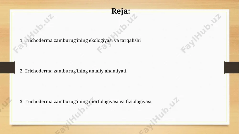 a zamburugʻining ana-bolik metabolizmi glukozadan biosintez yoʻli orqali lipidler, oqsillar va polisakkaridlar sintezini oʻz ichiga oladi, bu jarayon 25-30°s haroratda eng yuqori darajada boʻladi. trichoderma zamburug'ining ekologiyasi trichoderma turining 30 dan ortiq turlari o'zbekistonning turli agroekosistemalarida, jumladan, farg'ona vodiysidagi paxta dalalarida va qashqadaryo viloyatidagi bog'larda uchraydi. o'zbekistonning janubiy hududlarida trichoderma zamburug'larining biomassasi yoz mavsumida (iyul-avgust) maksimal darajaga yetadi va 1 gramm tuproqda 10^6 dan ortiq cfu (koloniya hosil qiluvchi birlik) ga yetishi mumkin. trichoderma zamburug'ining kelajagi trichoderma zamburug'ining fermentatsiya jarayonlarida qo'llanilishi 2025-yilga borib, global miqyosda 500 million aqsh dollaridan oshiq bozor hajmini egallaydi, ayniqsa osiyo mamlakatlarida, jumladan o'zbekistonda keng tarqalishi kutilmoqda. trichoderma turlarini genetik modifikatsiyasi orqali, o'zbekistonning qurg'oqchil hududlarida 30% gacha hosildorlikni oshirishga qaratilgan tadqiqotlar olib borilmoqda, bu esa oziq-ovqat xavfsizligini ta'minlashda muhim ahamiyat kasb etadi. trichoderma zamburug'ining antagonist xususiyatlari trichoderma zamburug‘ining antagonist xususiyatlaridan biri, uning hujayra devorini parchalovchi fermentlar, masalan, kitinazalar va glukanazalarni 20 dan ortiq turini ishlab chiqarish …