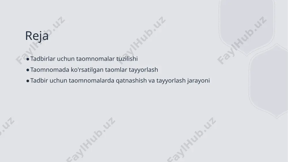 tilgan taomlar uchun nomlarni aniq belgilash juda muhimdir. har bir taomning nomi, xususiyatlari va tayyorlash usullari to'g'ri ko'rsatilishi kerak. 3 ko'rsatilgan miqdori - taomnomada ko'rsatilgan miqdori tekshirilmaganida, tadbir uchun maxsus taomnomalar yaratish texnologiyasi muvaffaqiyatsiz bo'ladi. har bir taomning paxtasi ko'rsatilgan miqdorda tayyorlanishi lozim. 4 tariflar va qadamlar - taomnomada ko'rsatilgan taomlar uchun tariflar va tayyorlash qadamlari aniq ko'rsatilishi shartdir. bu, taom tayyorlash jarayonini sodda va samarali qiladi. taomlar tayyorlash jarayonining loyihalash usullari taomlar tayyorlash jarayonining loyihalash usullari: taomlar tanloviga asoslangan ravishda menuni tuzish, iborat taomlarni tayyorlashda strategik loyihalar va o'ziga xos usullar aks ettiriladi. photo by absolutvision on unsplash taomlar tayyorlashning asosiy qadamlari 1 tayyorlash boshlang'ichi bosqichlari taomlar tayyorlash jarayonida asosiy qadamlar, retseptni o'rganish va asosiy ingredientlarni tayyorlashdan iborat. 2 taom tayyorlashning texnikasi taomni qayta tayyorlash, qaynatish, qaynatish va qaynatish jarayonlarini tahlil qilish, texnikalar va usullarini o'rganish. 3 taomning zovqini mustahkamlash taomlar tayyorlash jarayonida tuzilgan taomlarni tashqi ko'rinishi, sun'iy qo'shimchalar …