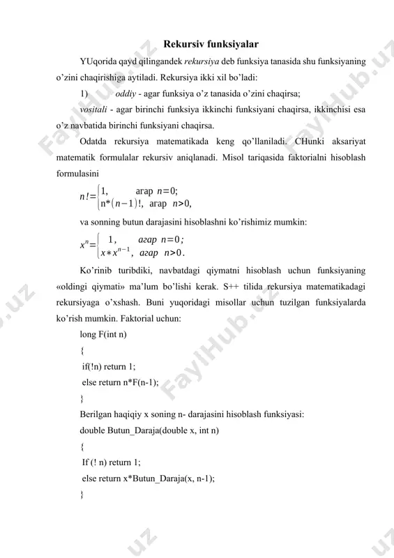 ’tkazishda 5.3b –rasmlar-dagi holat yuzaga keladi, ya’ni n xalqani a dan b o’tkazish masalasi n-1 xalqani a dan s ga o’tkazish, hamda bitta xalqani a dan b o’tkazish masalasiga keladi. undan keyin s qoziqdagi n-1 xalqali a qoziq yordamida b qoziqqa o’tkazish masalasi yuzaga keladi va hakoza. #include void hanoy(int n,char a='a',char b='b',char c='c') { if(n) { hanoy(n-1, a,s,b); cout >xalqalar_soni; hanoy(xalqalar_soni); return 0; } xalqalar soni 3 bo’lganda (xalqalar_soni=3) programma ekranga xalqalarni ko’chirish bo’yicha amallar ketma-ketligini chop etadi: xalqa a dan b ga o’tkazilsin xalqa a dan c ga o’tkazilsin xalqa b dan c ga o’tkazilsin xalqa a dan b ga o’tkazilsin xalqa c dan a ga o’tkazilsin xalqa c dan b ga o’tkazilsin xalqa a dan b ga o’tkazilsin rekursiya chiroyli, ixcham ko’ringani bilan xotirani tejash va hisoblash vaqtini qisqartirish nuqtai-nazaridan uni imkon qadar iterativ hisoblash bilan almashtirilgani ma’qul. masalan, x haqi-qiy sonining n-darajasini hisoblashning quyidagi echim varianti …