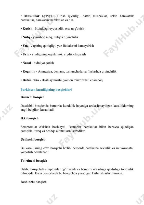 korlar bemorlarga kasallikning rivojlanishini tushunishga imkon berish uchun reyting baholarini qo'llashadi. updrs (qo'shma parkinson kasalliklari reytingi o'lchovi) updrs bugungi kunda bemorda aqliy va jismoniy funktsiyalar, ijtimoiy o'zaro ta'sirlar va ularning umumiy kayfiyatini o'z ichiga olgan vosita bo'lmagan alomatlarni hisobga olish uchun keng qamrovli vosita sifatida qo'llaniladi. ba'zi haddan tashqari tibbiy holatlar jarrohlik operatsiyasini talab qilishi mumkin, ammo aksariyat hollarda, parkinson kasalligi dorilar va fizioterapiya yordamida tabiiy ravishda davolanadi. parkinson kasalligi davolash dorilar parkinson kasalligining semptomlari oddiy dori-darmonlar bilan davolanishi mumkin: • dopamin promoteri - miyadagi dopamin retseptorlarini rag'batlantirishga yordam berib, ehtiyotkorlik va faollikni oshiradi. • tanıtıcı dorilar - aqliy funksiyasini takomillashtirishga yordam beradi • anti-tremor - turg'unlik, silkinishlar va silkinishlarni nazorat qilishda yordam beradi • antidepressant - ruhiy tushkunlikning oldini olish va uni bartaraf etishga yordam beradi. o'z-o'zidan parvarish qilish (jismoniy mashq qilish va muvozanatli parhez) 20-30 daqiqada har kuni yoga va aerobikada ishtirok etish bemorning bo'g'imlari va mushaklarining yurak-qon …