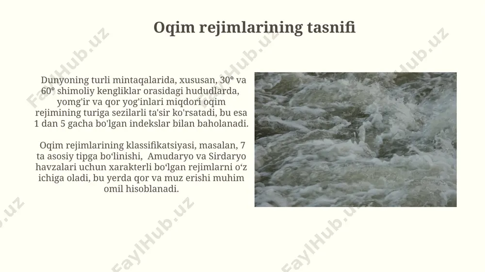 ng cho'l hududlarida kam o'simlik qoplami tufayli yomg'ir suvining 80% dan ortig'i sirpanchiqlik orqali daryolarga oqib ketadi, bu esa to'satdan toshqinlar xavfini oshiradi. oqim rejimlarini aniqlash usullari oqim rejimini aniqlashda, masalan, amudaryo havzasida 30 yildan ortiq davom etgan suv oqimi ma'lumotlarini statistik tahlil qilish orqali, o'rtacha yillik oqim miqdori va uning o'zgaruvchanligi aniqlanadi. oqim rejimini aniqlash uchun, 1980-2010 yillar oralig'ida zarafshon daryosi bo'yicha o'tkazilgan kuzatishlar natijalaridan foydalanib, suv sathi va oqim tezligi o'rtasidagi korrelyatsion bog'liqlik o'rganiladi va empirik formulalar yordamida rejim tavsiflanadi. antropogen ta'sirlar qo'shma shtatlardagi kolorado daryosi suv resurslarining 80% dan ortig'i qishloq xo'jaligiga sarflanadi, bu esa daryoning quyi oqimlarida suv tanqisligiga olib keladi. braziliyaning amazon daryosida gidroelektrik stansiyalar qurilishi natijasida yillik oqim hajmining 15% ga kamayishi kuzatildi, bu biologik xilma-xillikka tahdid soladi. faslli o'zgarishlar farg'ona vodiysidagi daryolar oqimining fasliy o'zgarishlari, 100 mm dan ortiq yog'in miqdori bilan bahorda maksimal suv oqimini ko'rsatadi, yozda esa 20 mm gacha kamayadi. …