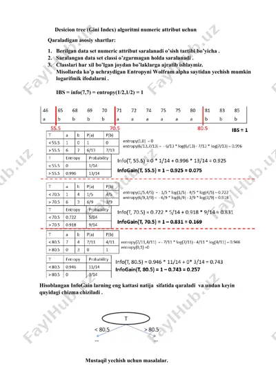 desicion tree (gini index) algoritmi numeric attribut uchun — DOCX