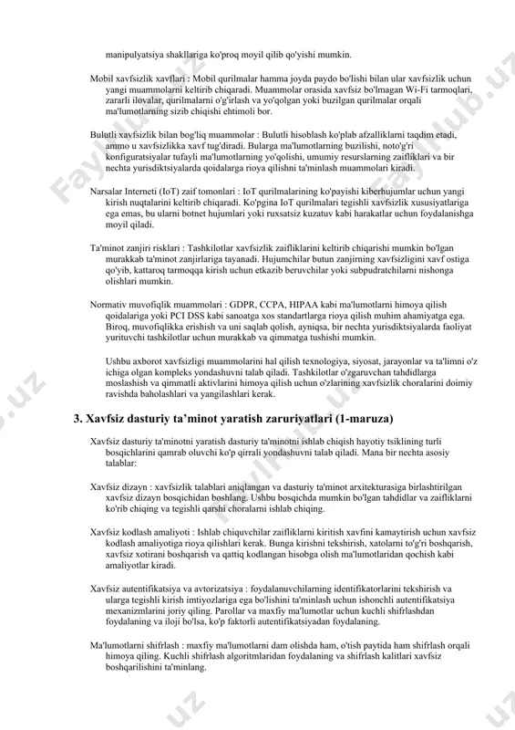 lumotlarga, moliyaviy resurslarga qaratilgan yoki operatsiyalarni buzishi mumkin. ma'lumotlarning buzilishi : ruxsatsiz shaxslar shaxsiy ma'lumotlar, moliyaviy yozuvlar yoki intellektual mulk kabi nozik ma'lumotlarga kirish huquqiga ega bo'lganda ma'lumotlar buzilishi sodir bo'ladi. buzilishlar shaxsni o'g'irlash, moliyaviy yo'qotish va jismoniy shaxslar va tashkilotlarning obro'siga putur etkazishi mumkin. insider tahdidlar : insider tahdidlar tashkilot ichidagi shaxslarning xavfsizlikni buzish uchun kirish imtiyozlaridan foydalanishni o'z ichiga oladi. bu beparvolik yoki inson xatosi yoki zararli, masalan, xodimlarning ma'lumotlarni o'g'irlashi yoki zararli dasturlarni o'rnatishi kabi tasodifiy bo'lishi mumkin. xavfsizlik siyosati va tartib-qoidalari etarli emas : zaif yoki eskirgan xavfsizlik siyosati va protseduralari tizimlarni ekspluatatsiyaga qarshi himoyasiz qoldirishi mumkin. tashkilotlar kirishni boshqarish, ma'lumotlarni shifrlash, hodisalarga javob berish va xodimlarni o'qitish kabi sohalarni qamrab oluvchi mustahkam xavfsizlik protokollarini yaratishi kerak. xavfsizlik haqida xabardorlikning yo'qligi : ko'pgina xavfsizlik buzilishlari inson xatosi yoki jaholat tufayli sodir bo'ladi. xavfsizlik bo'yicha ilg'or amaliyotlardan yetarlicha xabardor bo'lmaslik shaxslar va tashkilotlarni ijtimoiy muhandislik hujumlari, fishing …
