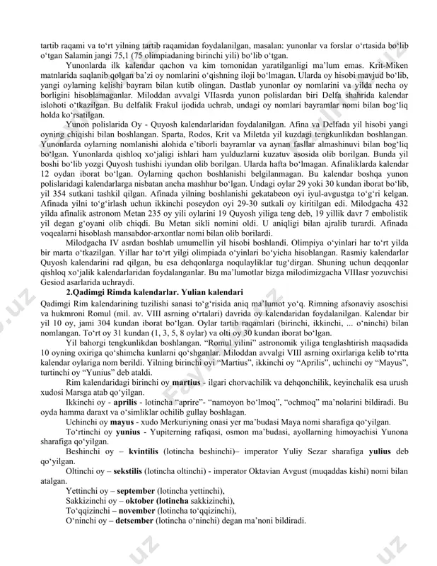 shlanishiga qarab belgilangan, chunki kalendar tizimidagi xatolar tufayli olimpiadaning aniq vaqti belgilanmagan edi. olimpiya о‘yinlarining vaqtini jarchilar har bir shahar xalqiga e’lon qilganlar. olimpiya yil hisobi qadimgi yunonlar hayotiga shunchalik chuqur kirib keldi-ki, ular о‘z erasining boshlanishini miloddan avvalgi 766 yil birinchi iyul qilib belgiladi, chunki ayni shu kuni birinchi olimpiya о‘yinlari bо‘lib о‘tgan edi. olimpiya yil hisobi birinchi bо‘lib, miloddan avvalgi 264 yilda kadimgi yunon tarixchisi time tomonidan qо‘llanildi va bu hisob viasrcha davom etadi. 394 yili imperator feodosiy iolimpiyaо‘yinlarini bekor qiladi. shunday bо‘lsada, olimpiya yil hisobi darhol yо‘q bо‘lib ketmadi. olimpiya yil hisobida tartib raqami va tо‘rt yilning tartib raqamidan foydalanilgan, masalan: yunonlar va forslar о‘rtasida bо‘lib о‘tgan salamin jangi 75,1 (75 olimpiadaning birinchi yili) bо‘lib о‘tgan. yunonlarda ilk kalendar qachon va kim tomonidan yaratilganligi ma’lum emas. krit-miken matnlarida saqlanib qolgan ba’zi oy nomlarini о‘qishning iloji bо‘lmagan. ularda oy hisobi mavjud bо‘lib, yangi oylarning kelishi bayram bilan kutib …