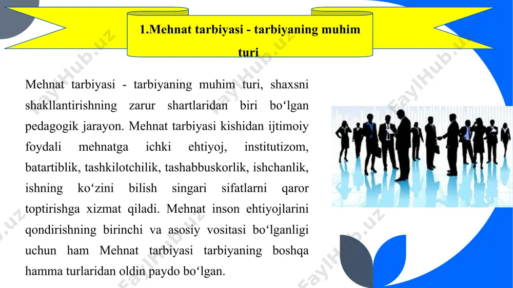 iga qatʼiy amal qilinishi joiz. aks holda, har qanday qobiliyatli bola ham yetarlicha mehnat tarbiyasi ololmasligi mumkin. mehnat tarbiyasi uchun maktab davri eng qulay fursatdir. birinchi navbatda, oʻqish jarayonining oʻzi ogʻir aqliy jismoniy mehnatdir. maktabga oʻz vaqtida kelib-ketish, oʻqish-yozishni oʻrganish, berilgan bilimlarni egallash uchun oʻquvchilarga mehnat tarbiyasi berilgan boʻlishi kerak. chunki oʻquv topshiriqlarini bajarish, dars oʻzlashtirish, oʻtilganlarni takrorlash, yozma ishlar bajarish, kerakli matnlarni yodlash, koʻchirmalar olish, lu-gʻatlar bilan ishlay olishi uchun oʻquvchi muayyan institutizomga rioya etishi, tashkilotchilik qobiliyati va ishchanlik xususiyatiga ega boʻlishi, ishning koʻzini bilishi kerak. 2.mehnat tarbiyasi berishda alohida ahamiyati mehnat tarbiyasida, avval aytilganidek, mehnat taʼlimi va kasbga yoʻnaltirish jarayonlarining ham oʻrni katta. chunki bu jarayonlarda oʻquvchilar bevosita tegishli mehnat koʻnikmalarini egallash va ularni mustaqil ravishda qoʻllash bosqichini oʻtaydilar. iga muvofiqroq ekanligini bilib oladilar. shuning uchun ham shuningdek, ular bu asnoda qaysi bir mehnat yoʻnalishi oʻz mehnat taʼlimi imkon qadar xilma-xil boʻlishi hamda oʻquvchilarning aqliy, jismoniy imkoniyatlari va …