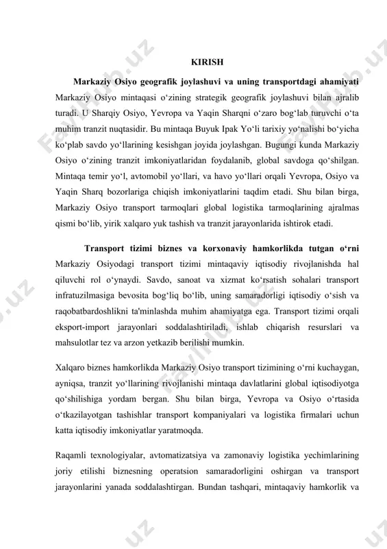 arzon yetkazib berilishi mumkin. xalqaro biznes hamkorlikda markaziy osiyo transport tizimining o‘rni kuchaygan, ayniqsa, tranzit yo‘llarining rivojlanishi mintaqa davlatlarini global iqtisodiyotga qo‘shilishiga yordam bergan. shu bilan birga, yevropa va osiyo o‘rtasida o‘tkazilayotgan tashishlar transport kompaniyalari va logistika firmalari uchun katta iqtisodiy imkoniyatlar yaratmoqda. raqamli texnologiyalar, avtomatizatsiya va zamonaviy logistika yechimlarining joriy etilishi biznesning operatsion samaradorligini oshirgan va transport jarayonlarini yanada soddalashtirgan. bundan tashqari, mintaqaviy hamkorlik va integratsiya transport tarmoqlarini yagona tizimga aylantirishga yordam bermoqda, bu esa iqtisodiy samaradorlikni oshirishga olib kelmoqda. 1-bo‘lim: markaziy osiyoda transport tizimining rivojlanish tarixi. sovet ittifoqi davrida transport infratuzilmasining shakllanishi. sovet ittifoqi davrida markaziy osiyoda transport infratuzilmasi yagona rejali tizim asosida shakllantirilgan edi. ushbu tizim ittifoqning umumiy iqtisodiy maqsadlariga xizmat qildi va asosan, markazlashgan holda rivojlantirildi. temir yo‘l tarmoqlari va avtomobil yo‘llari sovet ittifoqining yirik sanoat markazlarini o‘zaro bog‘lashga qaratilgan bo‘lib, mintaqa davlatlari orasidagi ichki transport aloqalari ikkinchi darajada bo‘lgan. ushbu davrda markaziy osiyoda ko‘plab yirik …