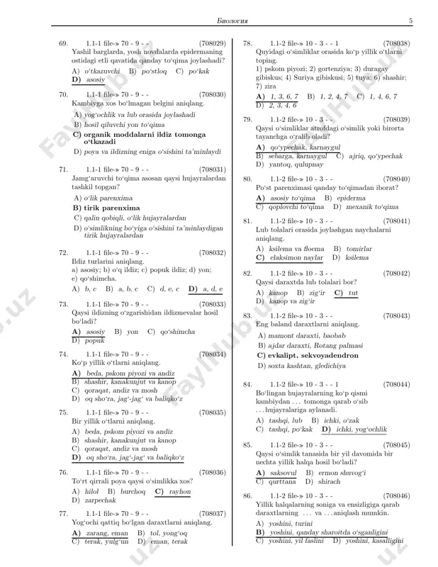 rpa, kungaboqar, zig‘ir c) qoqi, andiz, shashir d) sabzi, piyoz, karam 41. 1.1-1 file-» 5 - 6 - - (708001) ikki yillik o‘t o‘simliklar keltirilgan qatorni ko‘rsating. a) shuvoq, izen, teresken b) arpa, kungaboqar, zig‘ir c) qoqi, andiz, shashir d) sabzi, piyoz, karam 42. 1.1-1 file-» 5 - 6 - - (708002) hasharotlarni kuvachalar yordamida tutadigan o‘simlikni aniqlang. a) nepentes b) drosera c) aldravanda d) suv qaroqchisi 43. 1.1-1 file-» 5 - 6 - - (708003) saksovul qanday o‘simlik? a) daraxt b) buta c) yarim buta d) ko‘p yillik o‘t 44. 1.1-1 file-» 5 - 6 - - (708004) irg‘ay va singirtak qanday o‘simliklar? a) daraxt b) buta c) yarim buta d) ko‘p yillik o‘t 45. 1.1-1 file-» 5 - 6 - - (708005) ko‘p yillik o‘tlar berilgan qatorni ko‘rsating. a) floks, andiz, lola, nizomgul b) izen, keyreuk, teresken, sarsazan c) gulsafsar, shuvoq, zirk, do‘lana d) uchqat, nastarin, irg‘ay, singirtak …