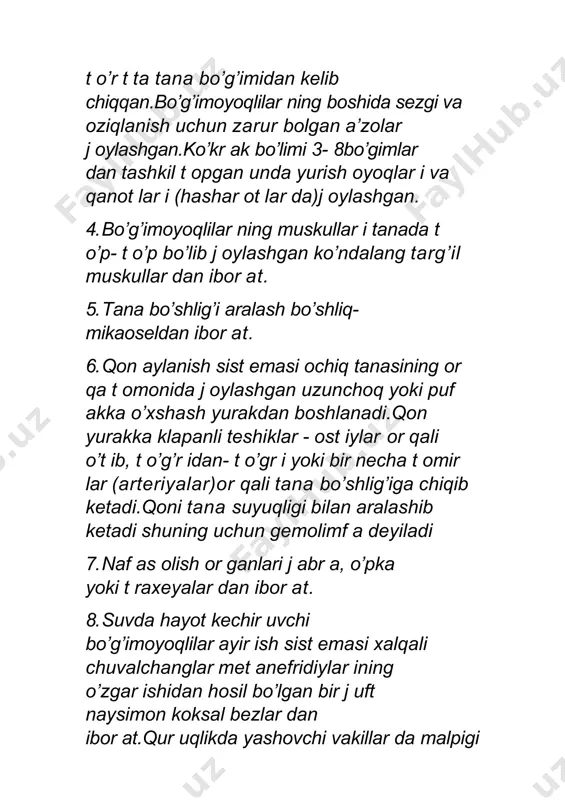 mi tumshuqsimon cho‘zilgan bo‘ladi. bosh qismidagi antennulalari r ivoj lanmagan, ular qisqagina o‘simt a shaklida, j uft antennalari esa ancha uzun bo‘lib, ularning har bir i ikki shoxchadan tashkil t opgan. bular daf niyaning harakatlanish or ganidir . ant ennalar yor damida daf niya suvga tayangan holda sakr ab harakatlanadi, shunga ko‘r a u "suv bur gasi" deb hamataladi. shuningdek, daf niyaning bosh qismida bit tadan mur akkab yoki faset kali ko‘zi va oddiy nauplius ko‘zchasi j oylashgan (54- rasm). ko‘kr ak qismidagi 5 j uft yassi oyoqchalar ida j abr alar i bor daf niyalar f ilt r lovchilar dir . daf niyaning ichki or ganlaridan ovqat hazm qilish t izimini, yurak va nasl xonasini ko‘r ish mumkin. daf niyalarning o‘r ta ichagi «j igar» o‘simt asi deb ataluvchi j uft o‘simt a hosil qiladi. yur ak tananing yelka t omonida j oylashgan. daf niyalar da qon t omir …