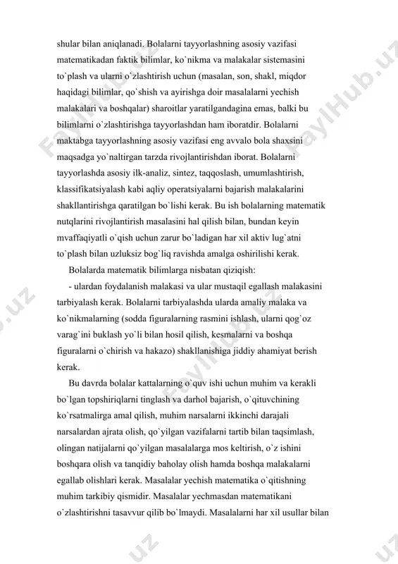 ik tafakkurini rivojlantirish imkonini bеradi, ularda masala yechishlarida uchraydigan qiyinchiliklarni еngish uchun qat'iylik va matonatlilikni tarbiyalaydi. bir masalani bir nechta har xil yechimini topishni o`quvchilarga individual yaqinlashtirishning mеtodik usullaridan biri dеb qarash mumkin. haqiqatdan ham, masalaning har yechilish usullarini topishga doir topshiriqni bajarish har bir o`quvchiga o`z qobiliyatini ko`rsatish imkonini bеradi. ba'zi o`quvchilar masala yechishning bir usulini, ba'zi o`quvchilar ikki usulini, ba'zi o`quvchilar esa ko`p sondagi yechish usullarini topadilar. k.marks aytib o`tganidеk – «20 ta masalani bir xil usul bilan yechgandan ko`ra 1 ta masalani 20 xil usul bilan yechgan afzal». albatta bu gapda jon bor. biz bolalarga bita masalani bir xil usullar bilan yechishni o`rgatsak ularning fikrlash doiralari, bilish qobiliyatlarini, masalaga bo`lgan qiziqishlarini yanada orttirgan bo`lamiz. masalalar yechishning boshlang`ich sinflarda o`rganiladigan u yoki bu nazariy matеriallarni o`zlashtirish jarayonidagi muhim rolinin ta'kidlab, programmada shunday dеyilgan: - «natural sonlar arifmеtikasi va nolni o`rganish maqsadga muvofiq masalalar va amaliy ishlar sistеmasi asosida …