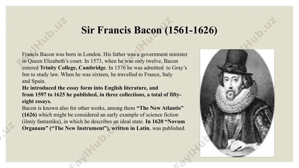 of the greatest dramatists of his time. he was the first elithabethan writer of tragedy. marlowe was born in canterbury and studied at cambridge. born in the same year as shakespeare, he was killed in a brawl (mushtlashuv) when he was only twenty-nine. if shakespeare died at twenty- nine, his greatest plays would have remained unwritten, and we would scarcely know his name. yet, marlow, by the time of his death had already established himself as a powerful dramatist, earning the title “father of english tragedy”. he wrote the tragedies: “dido, queen of carthage”, “tamburlaine the great”, “the jew of malta”, “the tragical history of dr. faustus”, a chronicle history play “edward ii”. ben jonson (1572 - 1637) ben jonson was reared to the bricklayer’s trade and had no benefit of a formal university education. but, by force of will, became a great scholar of the classics and consequently affected …