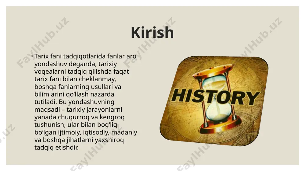 l qilish insonlarning tarixi va ijtimoiy munosabatlarini yaxshiroq tushunishga yordam beradi. madaniy antropologiya va psixologik portretlar asosida o‘tmishdagi shaxslarning qaror qabul qilish jarayonlari ham chuqurroq o‘rganilishi mumkin. tarix va huquqshunoslik aloqasi huquqiy tarix – bu huquqshunoslik va tarix fanlarining kesishgan nuqtasi bo‘lib, qadimiy qonunlar, davlat boshqaruvi tizimlari, huquqiy normalar va qonunchilik amaliyotlari o‘rganiladi. bu yondashuv orqali davlatlarning rivojlanishi, inson huquqlarining shakllanishi va o‘zgarishi, shuningdek, jamiyatning turli davrlardagi siyosiy-iqtisodiy tizimlari tahlil qilinadi. tarix va lingvistika (tilshunoslik) aloqasi tarixiy lingvistika – bu soha tilshunoslik va tarixni birlashtiradi. tarixiy davrlar mobaynida tillarning o‘zgarishi va rivojlanishi, yozma manbalar orqali ma'lum bir xalqning madaniyati va tarixi haqida ma'lumot olish muhimdir. xulosa fanlar aro yondashuvning tarixi fani uchun afzalligi shundaki, u murakkab tarixiy hodisalarni ko‘p qirrali tahlil qilish imkonini beradi. shu orqali tarixiy tadqiqotlarning natijalari yanada aniqroq, ko‘p jihatli va izchil bo‘ladi. foydalanilgan adabiyotlar braudel,f. (1980). on history. university of chicago press. hughes-warrington, m. (2008). fifty …