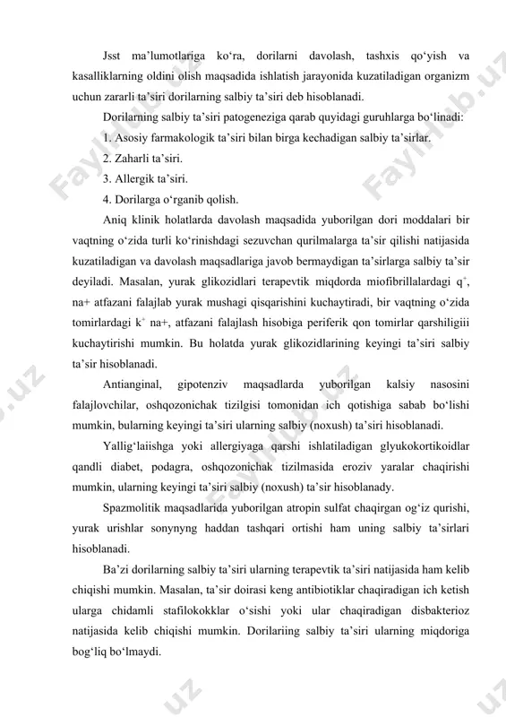 ishi mumkin. masalan, ta’sir doirasi keng antibiotiklar chaqiradigan ich ketish ularga chidamli stafilokokklar o‘sishi yoki ular chaqiradigan disbakterioz natijasida kelib chiqishi mumkin. dorilariing salbiy ta’siri ularning miqdoriga bog‘liq bo‘lmaydi. dorilarning zaharli ta’siri dorilarning zaharli ta’siri, dorining qon plazmasidagi miqdori ortib ketishi, yoki to‘qima qurilmalarining doriga sezuvchanligi ortib ketishi natijasida kelib chiqishi mumkin. birinchi holatda dorining zaharli ta’siri bemor uchun adekvat miqdor yuborilganda yoki dorilar farmakokinetikasi o‘zgargan holatlarda (ularning qon plazmasi oqsillari bilan bog‘lanishi kamayganda va uning sof ko‘rinishdagi miqdori ortib ketganda, dorilar biotransformatsiyasi sekinlashganda, buyraklar bilan chiqib ketishi susayganda) yuz berishi mumkin. dorilar kinetik ko‘rsatkichlarining o‘zgarishi bir vaqtda ishlatilgan dorilarning o‘zaro ta’siri hamda dorilar kinetikasida ishtirok etuvchi ferment tizilmalari faoliyatining buzilishi bilan ham bog‘liq bo‘lishi mumkin. dorilarning zaharli ta’sirining ikkinchi sababi to‘qima qurilmalarining doriga sezuvchanligi ortib ketishi — idiosinkraziya hisoblanadi va tug‘ma (genetik determinatsiyalangan) yoki turli kasalliklar natijasida orttirilgan bo‘lishi mumkin. dorilarga sezuvchanlikning ortib ketishi dorilar biotransformatsiyasi bosqichida uchrab, dorilarning …