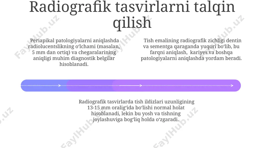 suyak zichligi va sinusial munosabatlarni baholash imkonini beradi. implantlarning joylashuvi radiografik ravishda 3-4 mm periapikal suyak balandligi va minimal 1 mm marginal suyak darajasini ta'minlashni talab qiladi, bu esa muvaffaqiyatli osseointegratsiya uchun muhimdir. postoperatsion radiografik monitoring 6-12 oy davomida osseointegratsiya jarayonini kuzatish va implant atrofidagi osteolizis yoki yallig'lanish belgilarini aniqlash uchun muhimdir. pulpaning radiografik ko'rinishi add text add text add text add text add text add text yosh tish radiogrammasida pulp bo'shlig'i katta, yaxshi ko'rinuvchi, kattalar tishlariga nisbatan ko'proq kalkulyatsiyaga uchraydi. pulp kanali radiogrammada 0,5-1 mm gacha tor, choʻziq boʻshliq sifatida koʻrinadi va uning shakli, kattaligi tishlarning joylashishiga bog'liq. pulpning radiografik ko'rinishi, uning yallig'lanishi (pulpit) yoki nekroziga qarab o'zgaradi, masalan, kalsifikatlar yoki to'qimalarning yo'qolishi kuzatiladi. radiografik tekshiruv usullari 01 02 03 okklyuzion radiografiya yuqori va pastki jag'ning butun alveolyar tizimini, 28 ta tishni va ularning holatini bir vaqtning o'zida tasvirlash imkonini beradi. bitewing radiografiyasi 1-2 ta tishni, ularning interproksimal yuzalarini …