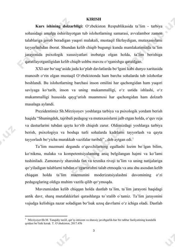 di. o‘g‘il bolalar 7 yoshdan boshlab davlat maktablarida o‘qishlari lozim deb uqtiradi. u jismoniy, axloqiy va aqliy tarbiya bir-biri bilan uzviy bog‘langan deb hisoblaydi.[footnoteref:2] demokrit, “ta’lim mehnat asosidagina go‘zal narsalami hosil qiladi” deb tarbiya ishida mehnatning roli beqiyos ekanligini takidlaydi. [2: oʻzme. birinchi jild. toshkent, 2000-yil ] sharq mutaffakkirlaridan qomusiy olimlarimiz ham o‘zlarining ta`lim jarayonida psixologik xususiyatlari to‘g‘risida fikrlarini aytib o‘tishgan. imom al-buxoriy ilm o‘rganishni yuqori darajaga qo‘ygan. u o‘z asarlarida quyidagi fikrlarni ilgari suradi; “kishi ilm bobida nafaqat o‘zidan yuqori yoki tengdoshlaridan, balki o‘zidan past bo‘lganlardan hadis olguncha, yetuk muhaddis bo‘la olmaydi’. olim ushbu fikri bilan o‘quv faoliyatining ijobiy motivlari ustoz-muallim tomonidan shakllantirilishiga urg‘u beradi.[footnoteref:3] [3: bobojonov sh.”imom ismoil al-buxoriy” maqolasidan. ] abu rayhon beruniy ilm olishda takrorlashga zo‘r berib, o‘quvchilarni toliqtirib va zeriktirib qo‘ymasdan, turli psixologik usullarni qo‘llashni, shu orqali ularning tafakkurini boyitib, bilimlarini chuqurlashtira borishni ilgari surgan olimdir. uning tafakkur operatsiyalari – analiz, taqqoslash umumlashtirish kabilarni shakillantirish …