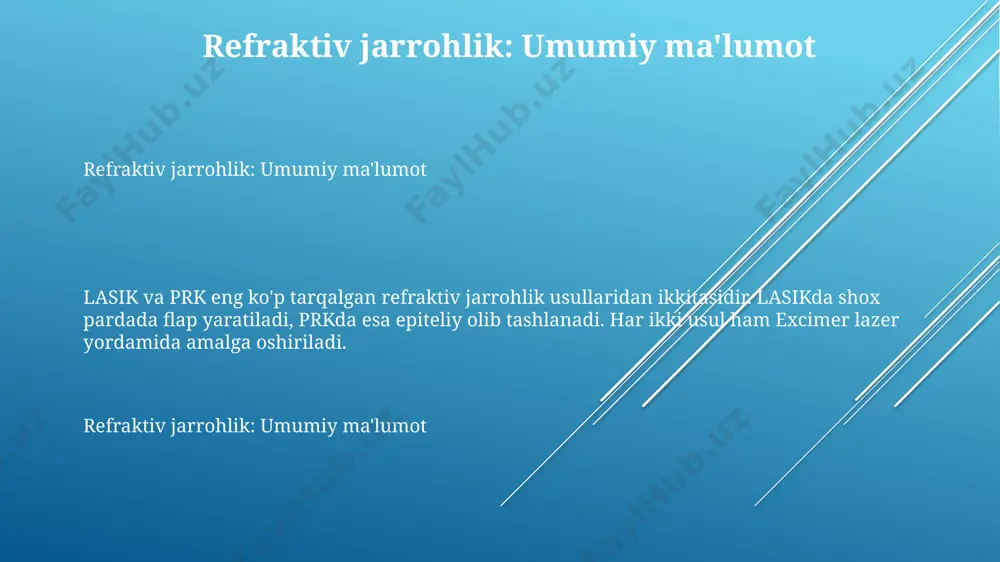 mumkin. kelajakda sun'iy intellekt (si) refraktsiya klinikalarida muhim rol o'ynaydi, bunda 75% gacha tashxislar va davolash rejalari ai algoritmlari orqali avtomatlashtiriladi va aniqlikni oshiradi. axborot smile operatsiyasi ma'lumot smile operatsiyasi kornea ustki qatlamini kesmasdan, kichik 2-4 mm kesma orqali lentikulani olib tashlashni o'z ichiga oladi. bu jarayon ko'zning shaklini o'zgartirib, refraktiv xatoliklarni tuzatadi. smile operatsiyasi femtosekund lazeri yordamida amalga oshiriladi. taxminan 20-30 soniya davom etadigan lazer nuri kornea ichida lentikula deb ataladigan kichik to'qima qismini hosil qiladi. diagnostika usullari skiaskopiya – 1-2 metrlik masofadan ko'zga yorug'lik nuri tushirib, refraktsiya turini (miopiya, gipermetropiya, astigmatizm) aniqlash uchun qo'llaniladigan subjektiv usul. odatda bolalar va kichik yoshdagi bemorlarda ishlatiladi. autorefraktometriya – avtomatik ravishda ko'rish qobiliyatini baholash usuli, 3-5 daqiqada obyektiv refraktsiya ko'rsatkichlarini aniqlash imkonini beradi. olingan ma'lumotlar diqqat bilan tahlil qilinadi va qo'shimcha tekshiruvlar talab qilishi mumkin. diagnostika usullari asoratlar va ularni boshqarish asoratlarni davolash ko'pincha optik korrektsiyani o'z ichiga oladi. ko'zoynak yoki kontakt …