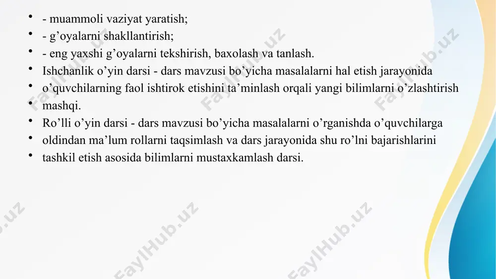 ga tayyorlashi va uni o’tkazishi, o’yin muvaffaqiyatli chiqandan so’ng esa ularni ommaviy o’yinlarga tayyorlashi lozim. chunki talabalar didaktik o’yinli mashg’ulotlarda faol ishtirok etishlari uchun zaruriy bilim, ko’nikma malakalarga ega bo’lishlari, bundan tashqari guruh jamoasi o’rtasida hamkorlik, o’zaro yordam vujudga kelishi lozim. o’qituvchi - pedagog didaktik o’yinli mashg’ulotlarni o’tkazishda qizg’in tayyorgarlik ko’rishi va uni o’tkazishda quyidagi didaktik talablarga rioya qilishi talab etiladi: 1. didaktik o’yinli mashg’ulotlar dasturida qayd etilgan mavzularning ta’limiy, tarbiyaviy va rivojlantiruvchi maqsad hamda vazifalarni hal qilishga qaratilgan bo’lishi; 2. jamiyatdagi va kundalik hayotdagi muhim muammolarga bag’ishlanib, ular o’yin davomida hal qilishi; 3. barkamol shaxsni musiqiy tarbiyalash tamoyillariga va sharqona odob-ahloq normalariga mos kelishi; 4. o’yin tuzilishi jihatidan mantiqiy ketma-ketlikda bo’lishi; 5. mashg’ulotlar davomida musiqiy didaktik prinsiplarga amal qilinishi va eng kam vaqt sarflanishiga erishishi kerak. didaktik o’yinli mashg’ulotlar orasida konfrensiya mashg’ulotlari ham muhim o’rin tutadi. konfrensiya mashg’ulotlari talabalarning bilish faoliyatini faollashtirishda ilmiy dunyo qarashini kengaytirishda, qo’shimcha va mahalliy …