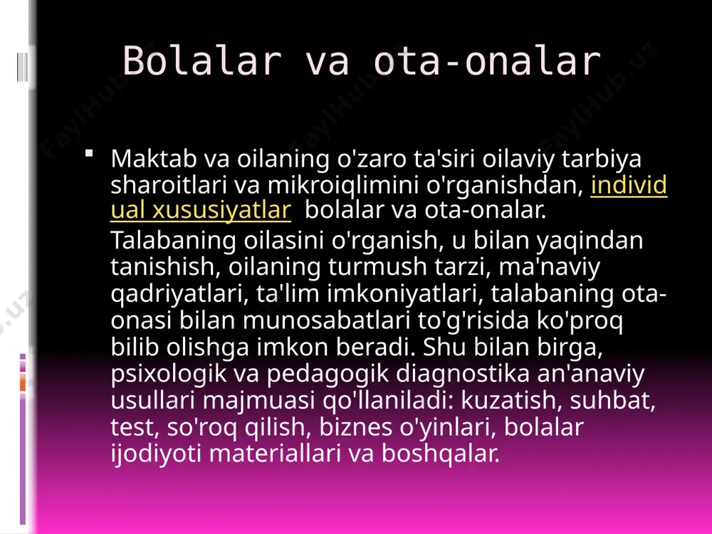 tirish imkoniyatiga ega bo'ladilar. bu erda o'qituvchining tez-tez aralashishi shart emas, garchi ma'lum yoshdagi tarbiyaning o'ziga xos xususiyatlari bilan bog'liq individual maslahatlar va ogohlantirish 2-tur 2-tur: oilalar ota-onalar o'rtasidagi normal munosabatlar bilan ajralib turadi, lekin shu bilan birga bolalarni tarbiyalashda ijobiy yo'nalishni ta'minlamaydi. bolalar ota-onalarning "maxsus" tashvishlari markazida bo'lishi mumkin va shuning uchun bola o'qituvchining e'tiborini talab qiladigan xudbinlikka moyilligini rivojlantiradi. 3-tur 3-tur: ziddiyatli oilalar. bunday sharoitda, ota-onalar bolalarga mos kelmaydi, ularning o'zlari o'zaro munosabatlarni aniqlay olmaydilar. hech qanday ongli tarbiya haqida gap bo'lishi mumkin emas, hamma narsa tasodifan qolgan. oilada mikroiqlimni o'zgartirish, unda o'sayotgan odamni yo'qotmaslik uchun faol pedagogik ta'sir zarur. 4-tur 4-tur: tashqi gullab-yashnagan oilalarda ma'naviyat gullab-yashnaydi, haqiqiy axloqiy qadriyatlar yo'q, avlodlarning hissiy aloqasi ko'pincha buziladi. ammo ba'zi bolalar tashqi farovonlik oilaviy psixologiyasini o'rganadilar, shuning uchun bunday oilalar bilan tarbiyaviy ish ayniqsa qiyin. 5-tur 5-tur:qo'pollik, janjallar, axloqsiz harakatlar bilan ajralib turadigan disfunktsional oilalar. bunday oilalar bolalarning manfaatlarini himoya …