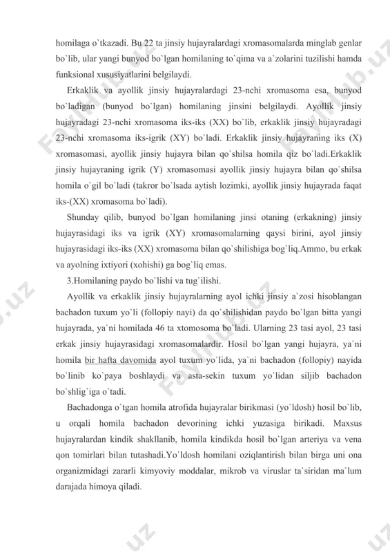 orining ichki yuzasiga birikadi. maxsus hujayralardan kindik shakllanib, homila kindikda hosil bo`lgan arteriya va vena qon tomirlari bilan tutashadi.yo`ldosh homilani oziqlantirish bilan birga uni ona organizmidagi zararli kimyoviy moddalar, mikrob va viruslar ta`siridan ma`lum darajada himoya qiladi. homila usti yupqa (amnion) parda bilan qoplanib, uning bo`shlig`i amnion suyuqligi bilan to`la bo`ladi.amnion suyuqligi homila organizmida moddalar almashinuvi jarayonini normal o`tishida, homilaning erkin harakatlanishida va tashqi noqulay ta`sirlardan himoyalanishida muhim ahamiyatga ega. shunday qilib, homila bachadon bo`shlig`ida yo`ldosh hamda kindik tomirlari orqali bachadon devorining ishki yuzasiga birikib, ustidan amnion parda va uning suyuqligi bilan uralgan holda 280 kun (40 hafta) davomida rivojlanadi, so`ngra chaqaloq sifatida tug`iladi. bachadondan tashqari homiladorlik. yuqorida aytilganidek, ayol ichki jinsiy a`zosi bo`lgan tuxum yo`lida (follopiy nayida) ayol va erkak jinsiy hujayralari qo`shilishidan paydo bo`lgan bitta yangi hujayra (homila), bir hafta davomida tuxum yo`lida bo`linib ko`payadi, biroz kattalashadi, so`ngra bachadonga o`tadi. ammo, shu jarayonda quyidagi noxush holat yuzaga kelishi …